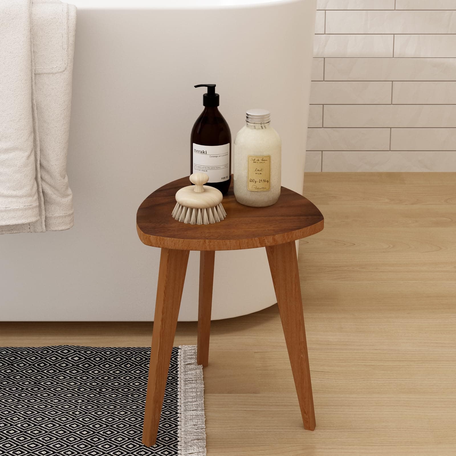 Teak Shower Stool and Foot Rest, Solid Wood Stool Near Bathtub, Small Stool, Plant Stool for Living Room, Bathroom, Bedroom