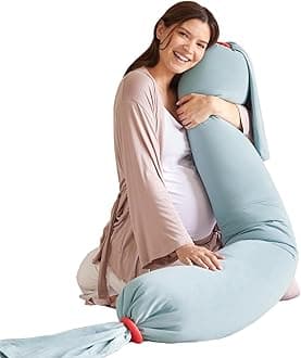 Organic Non-Toxic bbhugme Pregnancy Body Pillow - Full Body Adjustable Support for Maternity Sleep - Soft Machine Washable Jersey Cover - TOXPROOF & Oeko-TEX Certified, BPA Free - Eucalyptus/Coral