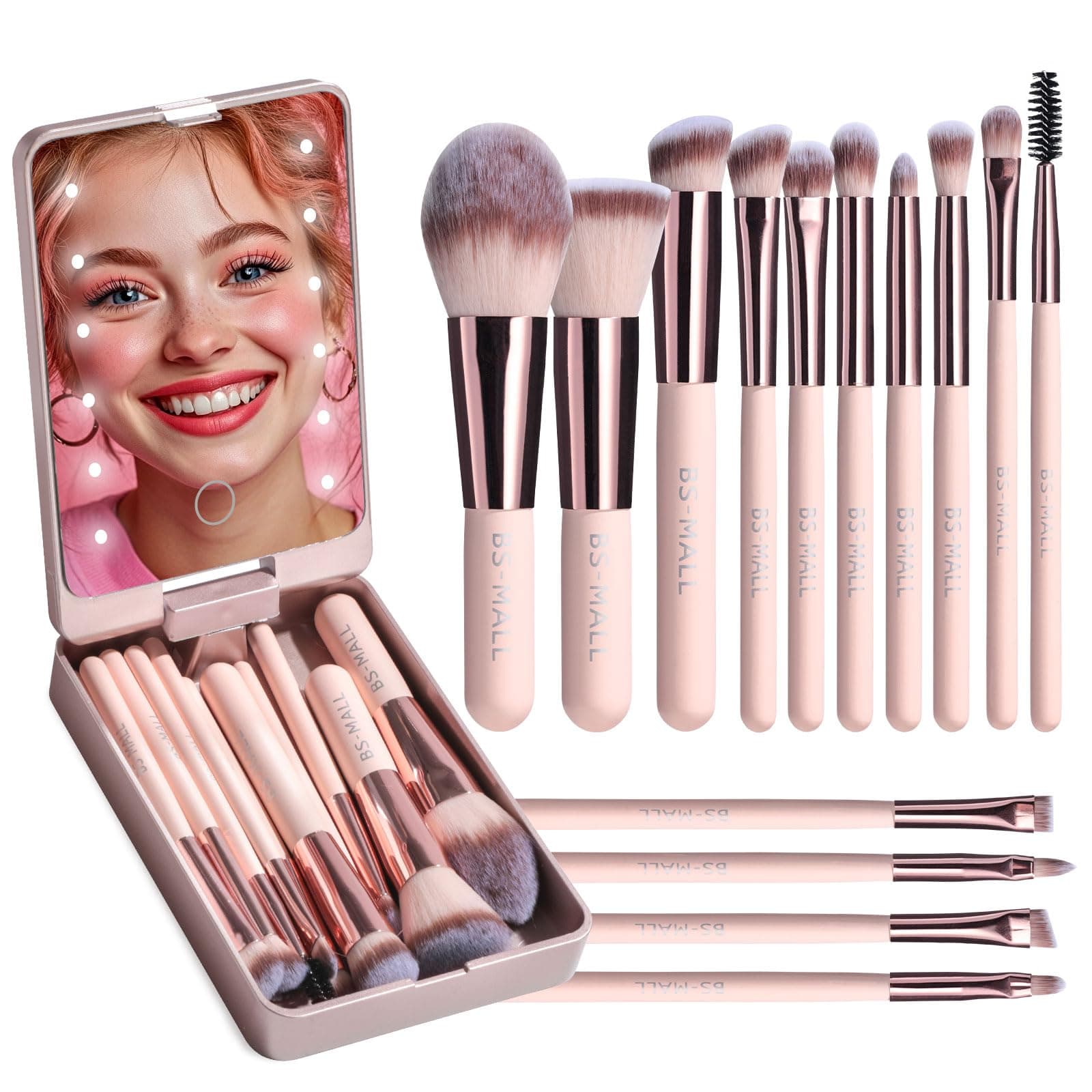 Makeup Brushes Foundation Powder Concealers Eye Shadows Makeup Set with LED light Mirror 14 Pcs Mini Makeup Brushes (APINK)