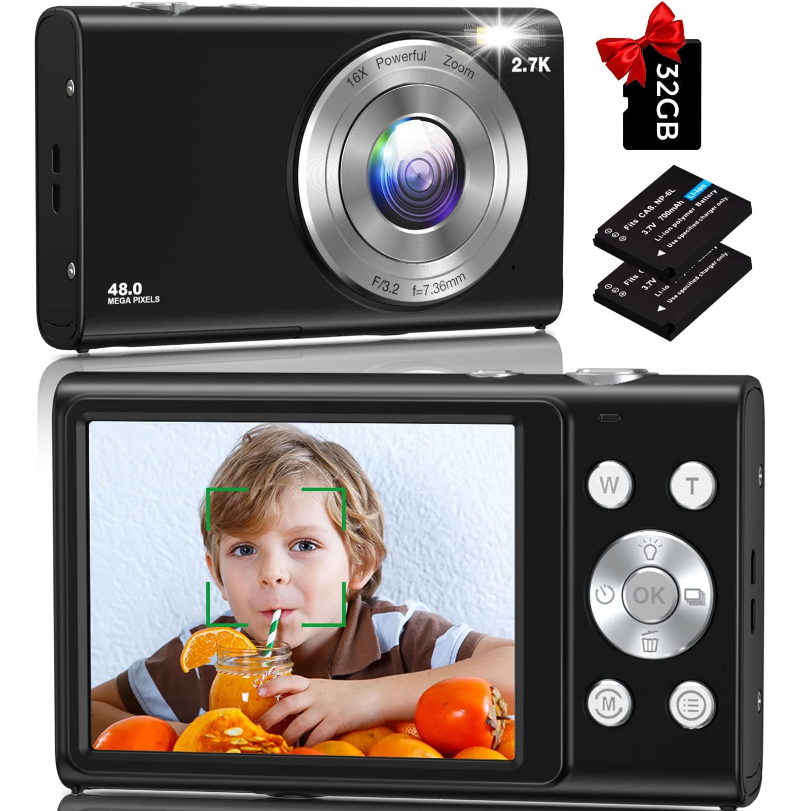 nezini Digital Camera, Autofocus Digital Camera HD 2.7K 48MP with 2.8" Large Screen, 16X Digital Zoom, Portable Mini Camera for Photography, Vlogging Camera for Kids,Beginners(Black)