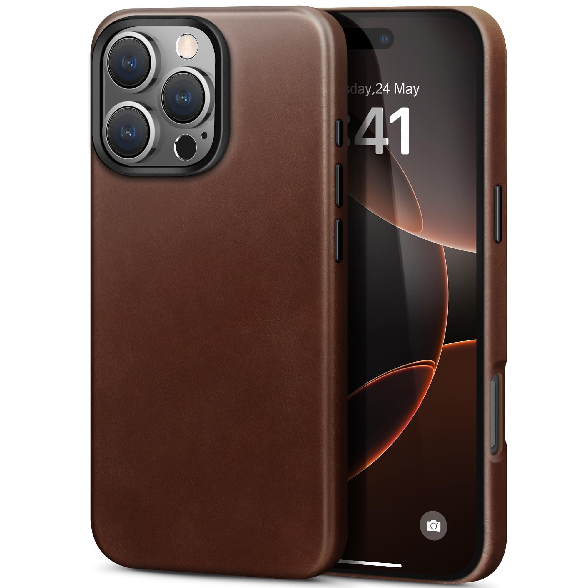 kingflagLeather Case for iPhone 16 Pro 6.3 inch, Compatible with MagSafe, Oil Wax Top-Grain Leather, Metal Buttons, Raised Edges for Screen & Camera Protection, Full-Leather Coverage, Classic Brown