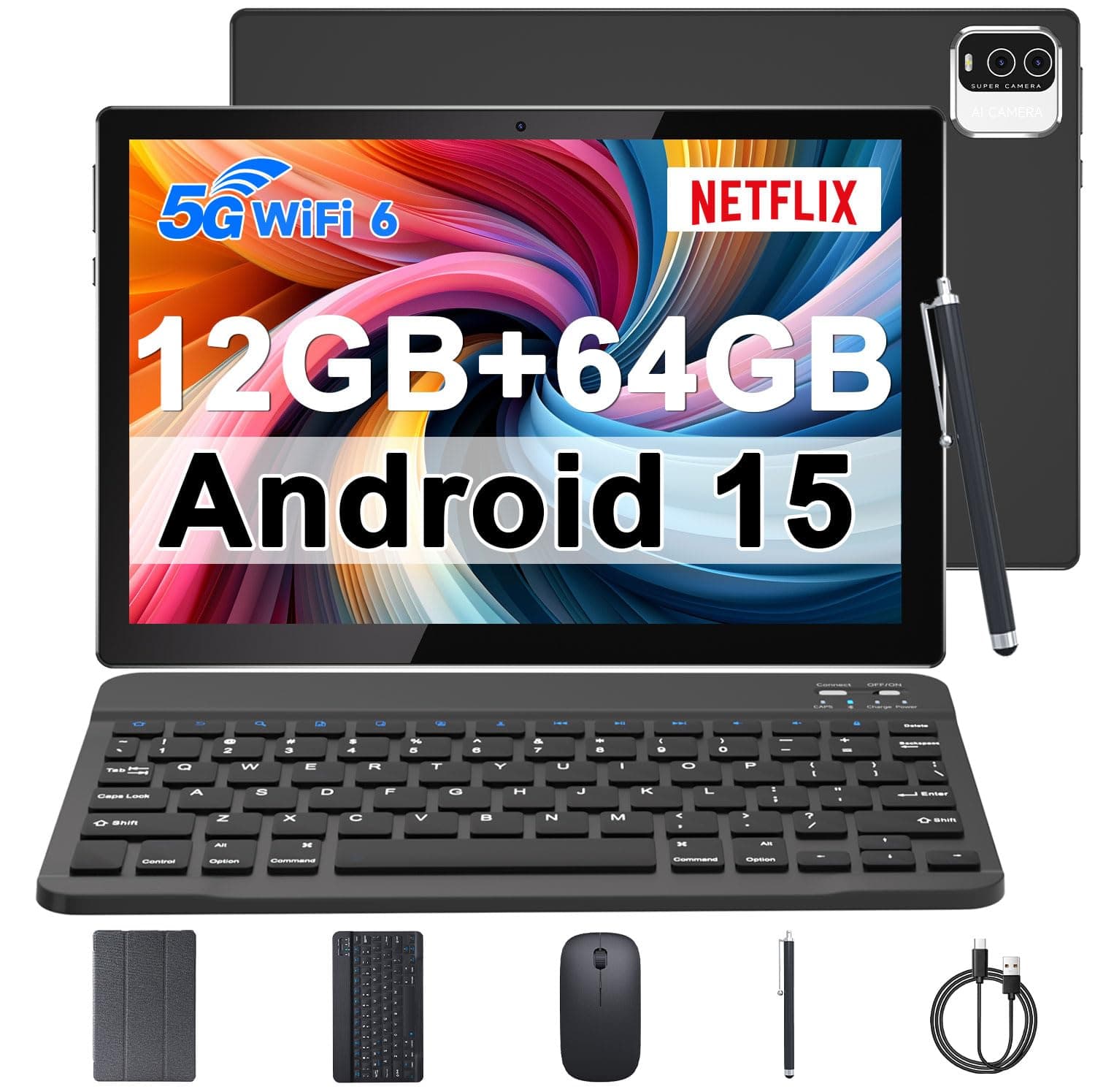 Android 15 Tablet, 10 Inch 12GB RAM+64GB ROM Tablets with Keyboard Mouse Case Stylus, 1.8Ghz Quad-core Processor, 8MP Camera, 6000mAh Battery, 1280*800 IPS HD Touchscreen, 5G WiFi6 Tablet Black