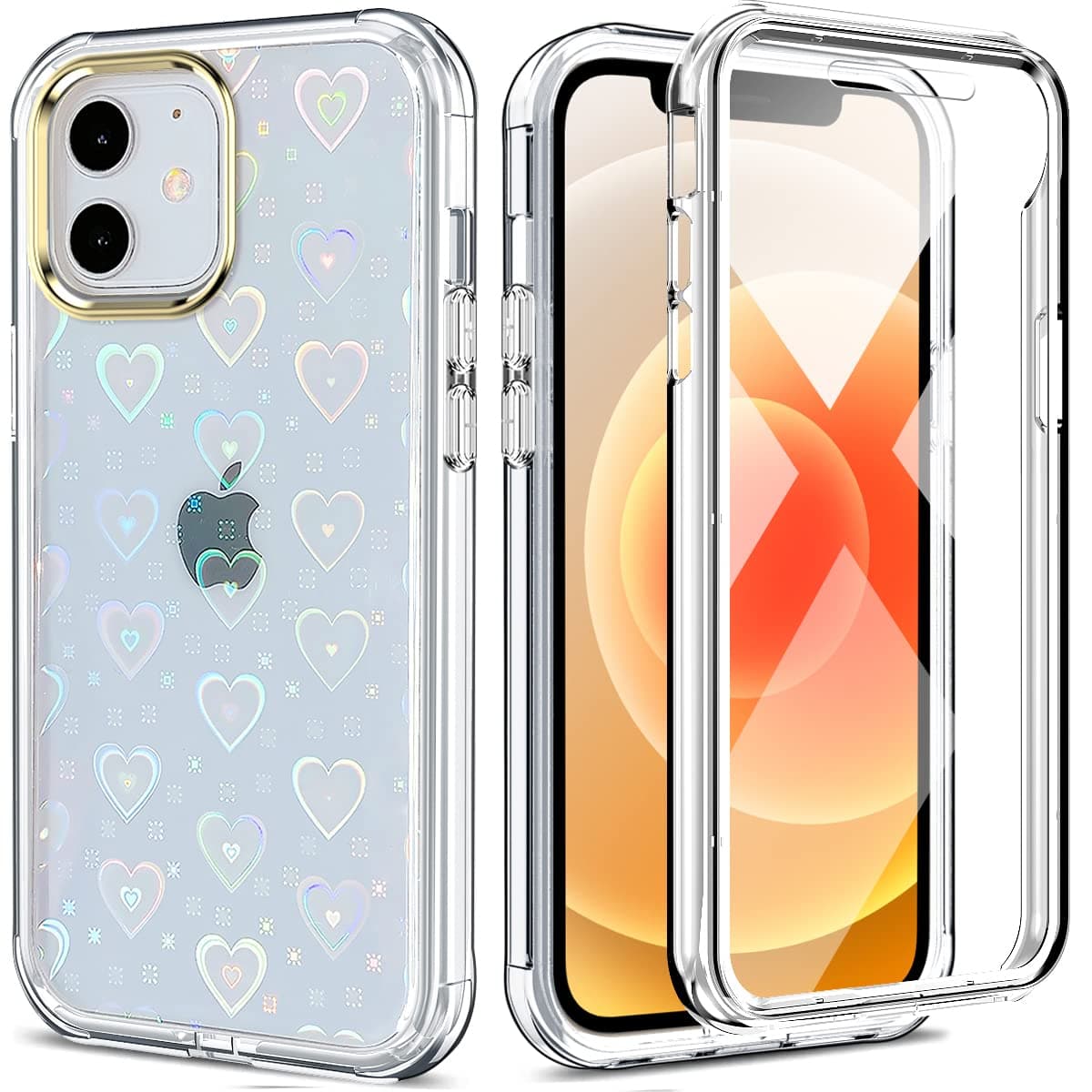 GAN Cheng Compatible with iPhone 12/12 Pro Case 6.1" 2020 with Screen Protector, Shockproof TPU and Hard PC Cute Bling Glitter Sparkle Protective Case for Women & Girls - Clear Holographic Heart