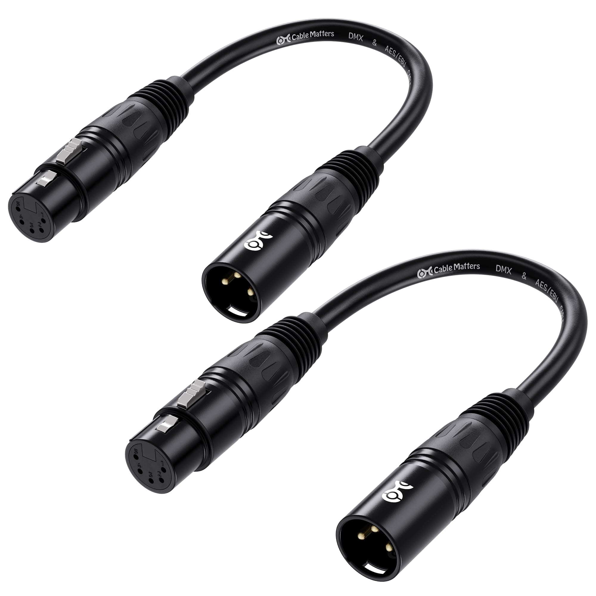 Cable Matters 2-Pack 3 Pin to 5 Pin DMX Lighting Cable, Male to Female, 6 Inches (3-Pin Male to 5-Pin Female XLR Cable, 5 Pin to 3 Pin DMX Adapter Cable) in Black