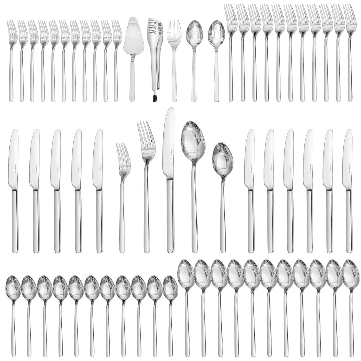 KINGSTONE Silverware Sets with Serving Utensils, 65 Piece Flatware Set for 12, 18/10 Cutlery Set with 5 Pieces Serving Utensil Set Modern and Original Design Dishwasher Safe
