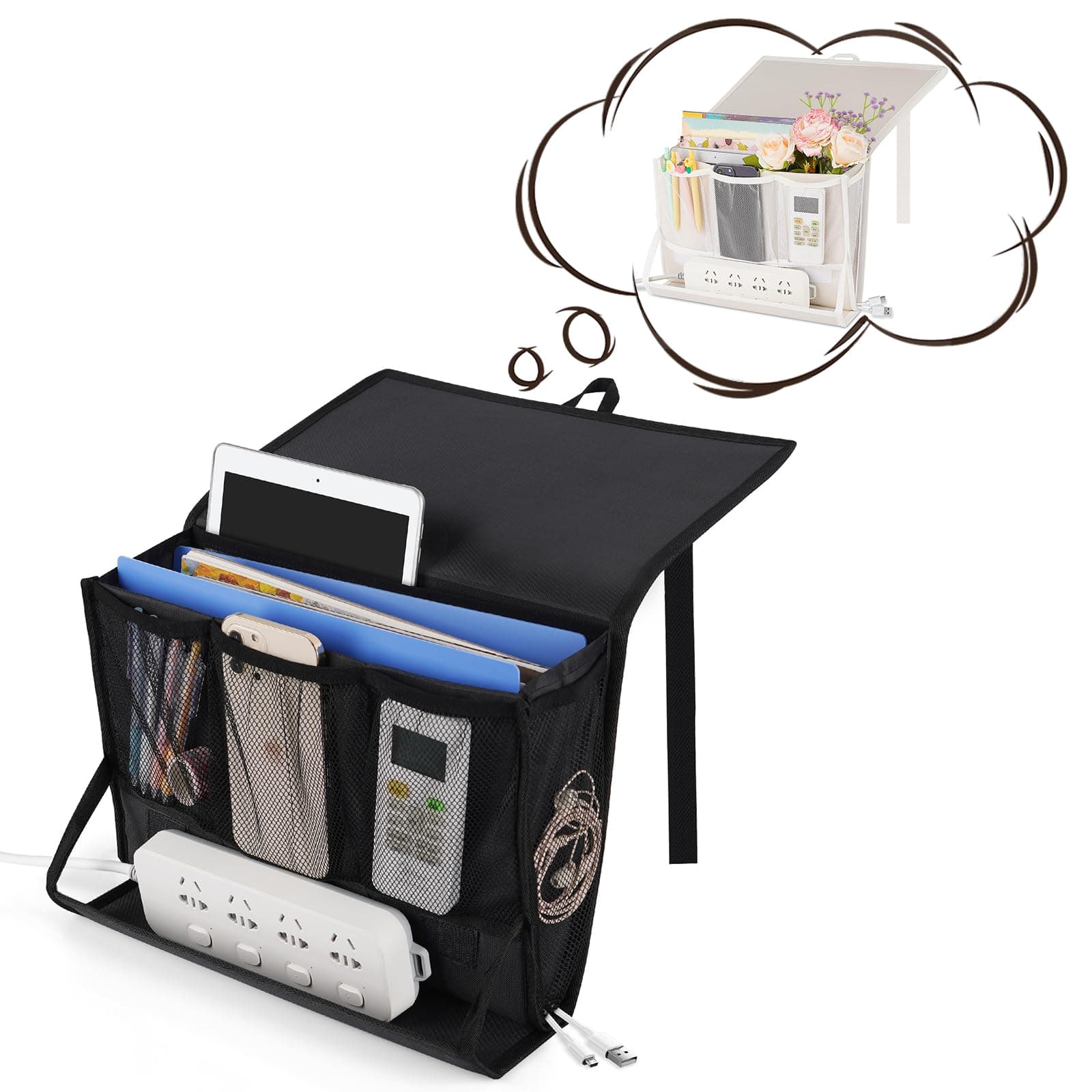 Bedside Caddy Bedside Storage Organizer Bedside Organizer with Power Strip Holder and 2 Adjustable Straps for Home Bunk Bed College Dorm Sofa (White)