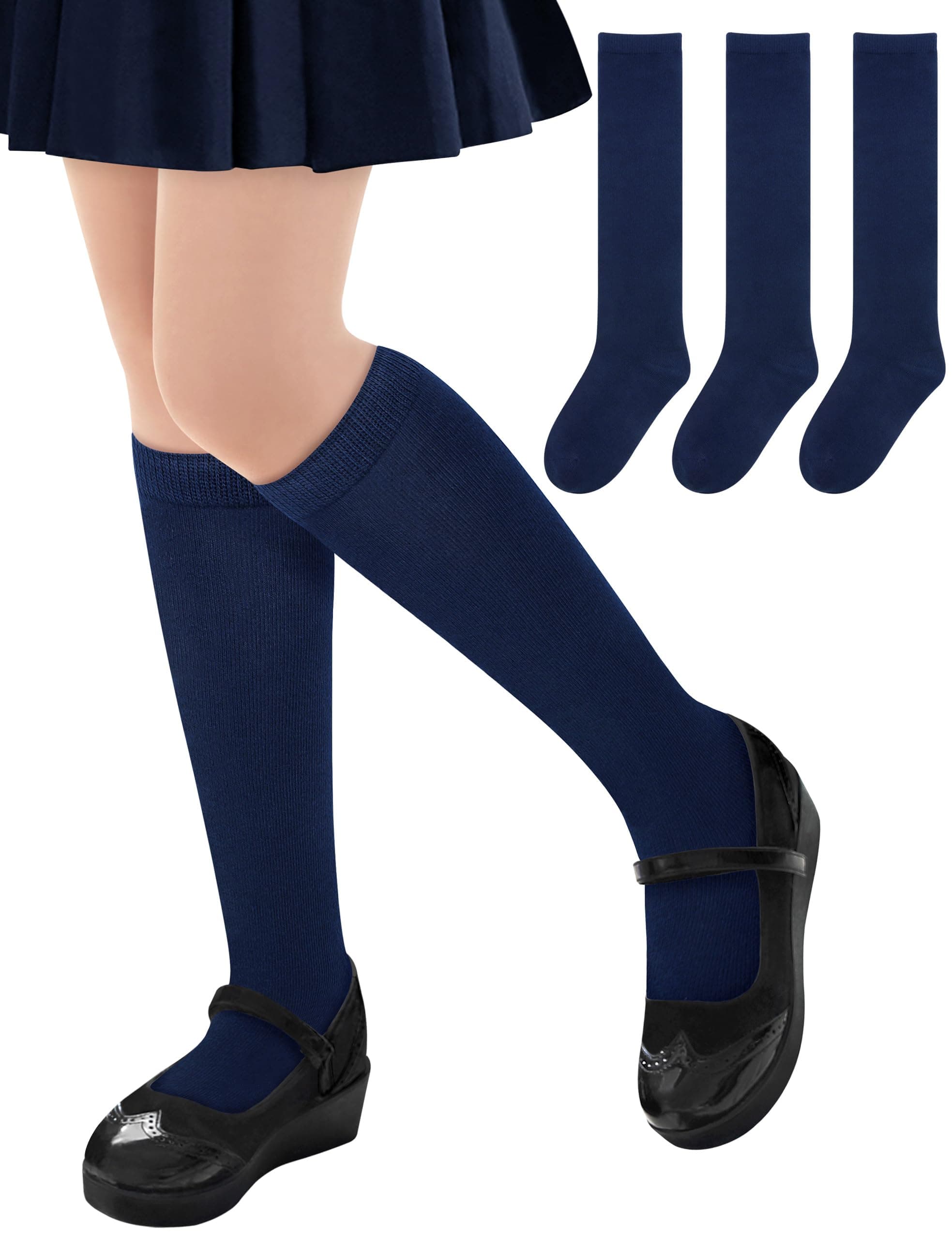qikqik 3 Pairs Knee High Socks for Girls School Uniform Sock Cotton Long Socks for Girls Dress Sock Seamless Kids Stockings
