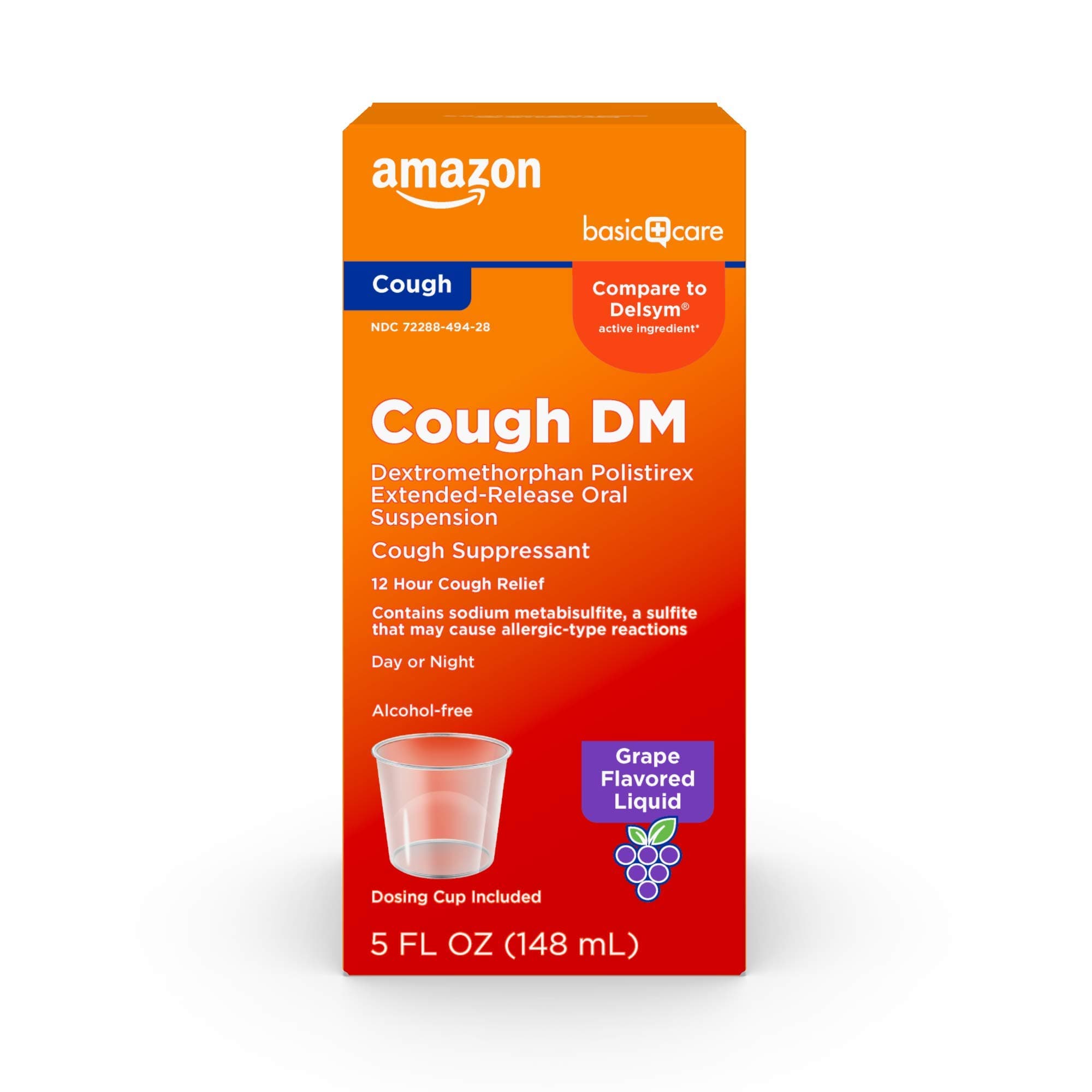Amazon Basic Care 12 Hour Cough DM Syrup, Extended-Release Dextromethorphan, Grape Flavor Cough Medicine, 5 fl oz (1-Pack)