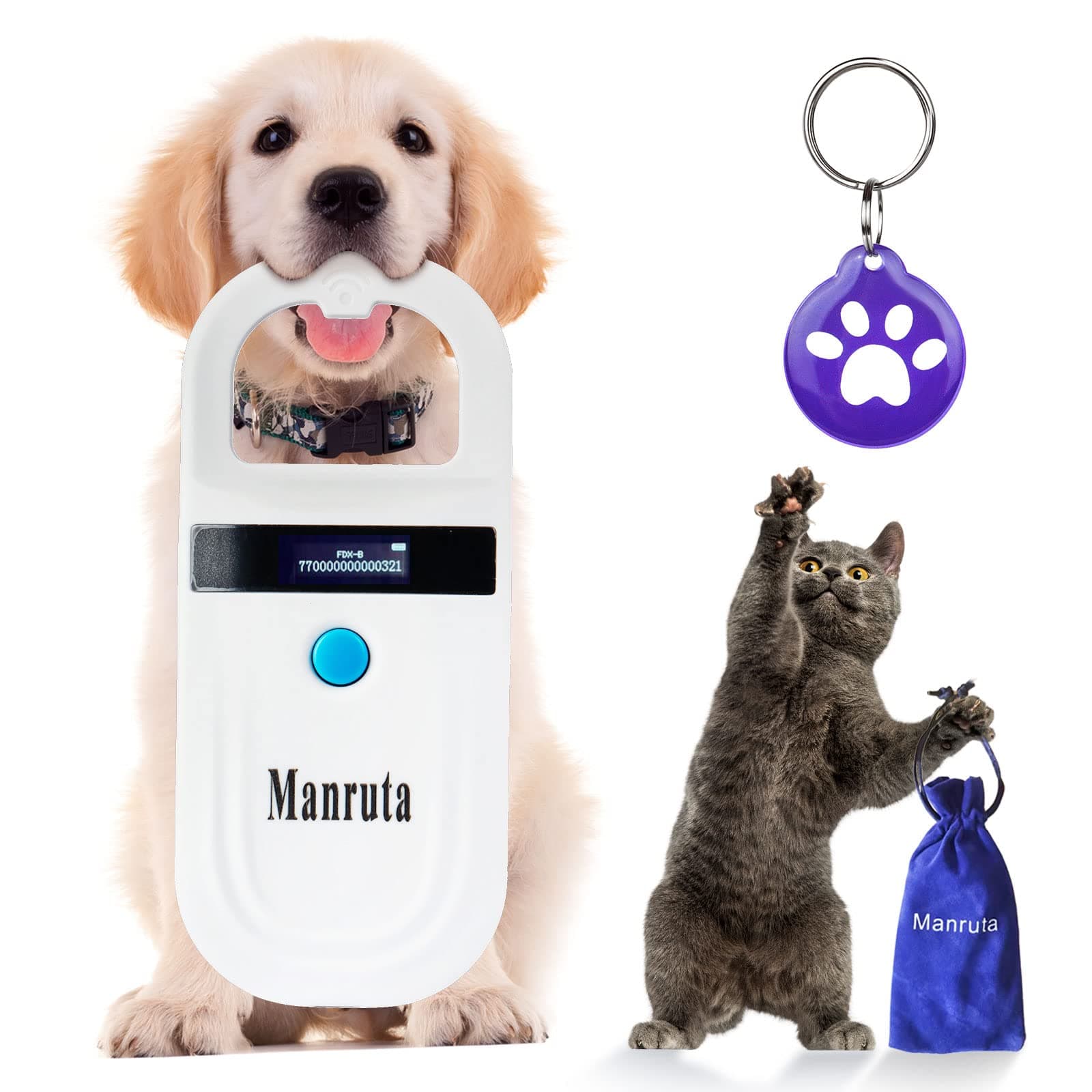 Pet ID Microchip Scanner and Reader Portable for Dogs and Cats ,134.2khz FDX-B ISO 11784/11785 with Microchip Collar Tag Gift