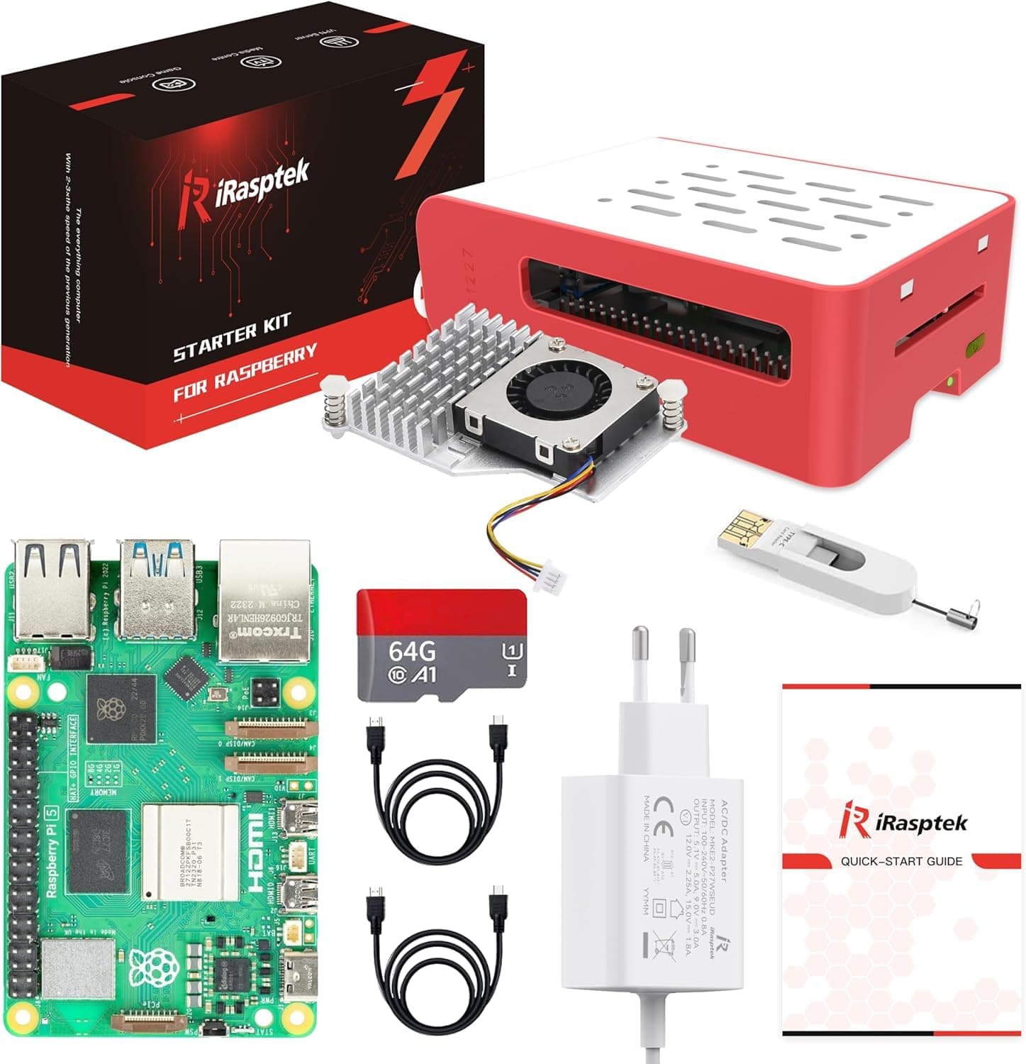 iRasptek Raspberry Pi 5 8GB Starter Kit - 64GB Pre-Installed Raspberry Pi OS (Red and White Case)
