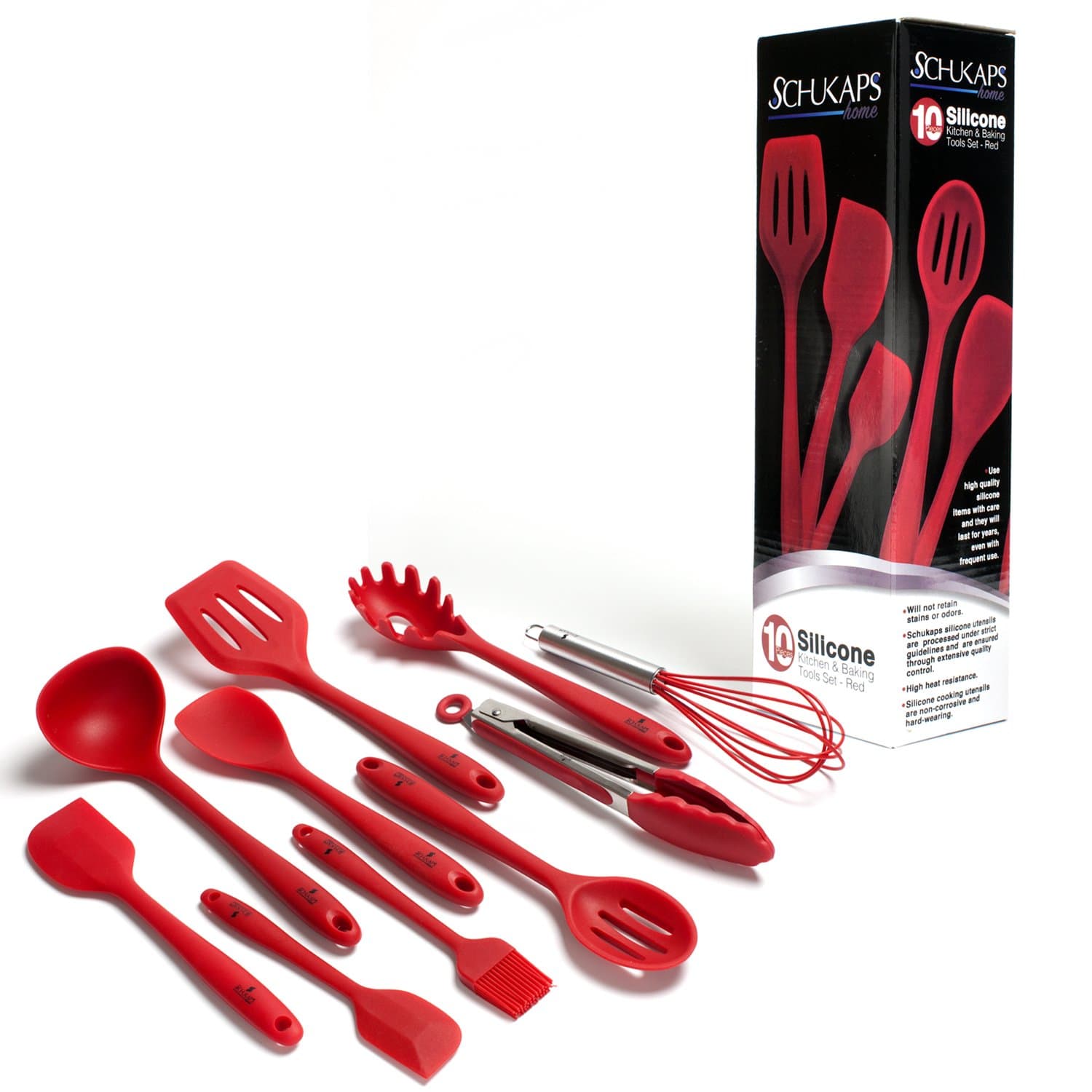 Schukaps Premium 10 Pieces Silicone Kitchen Utensils Set - Baking Tools/Utensils - RED - Nonstick - Heat Resistant - Dishwasher Safe - Spatulas, Spoons, Turner, Brush and Whisk Home |