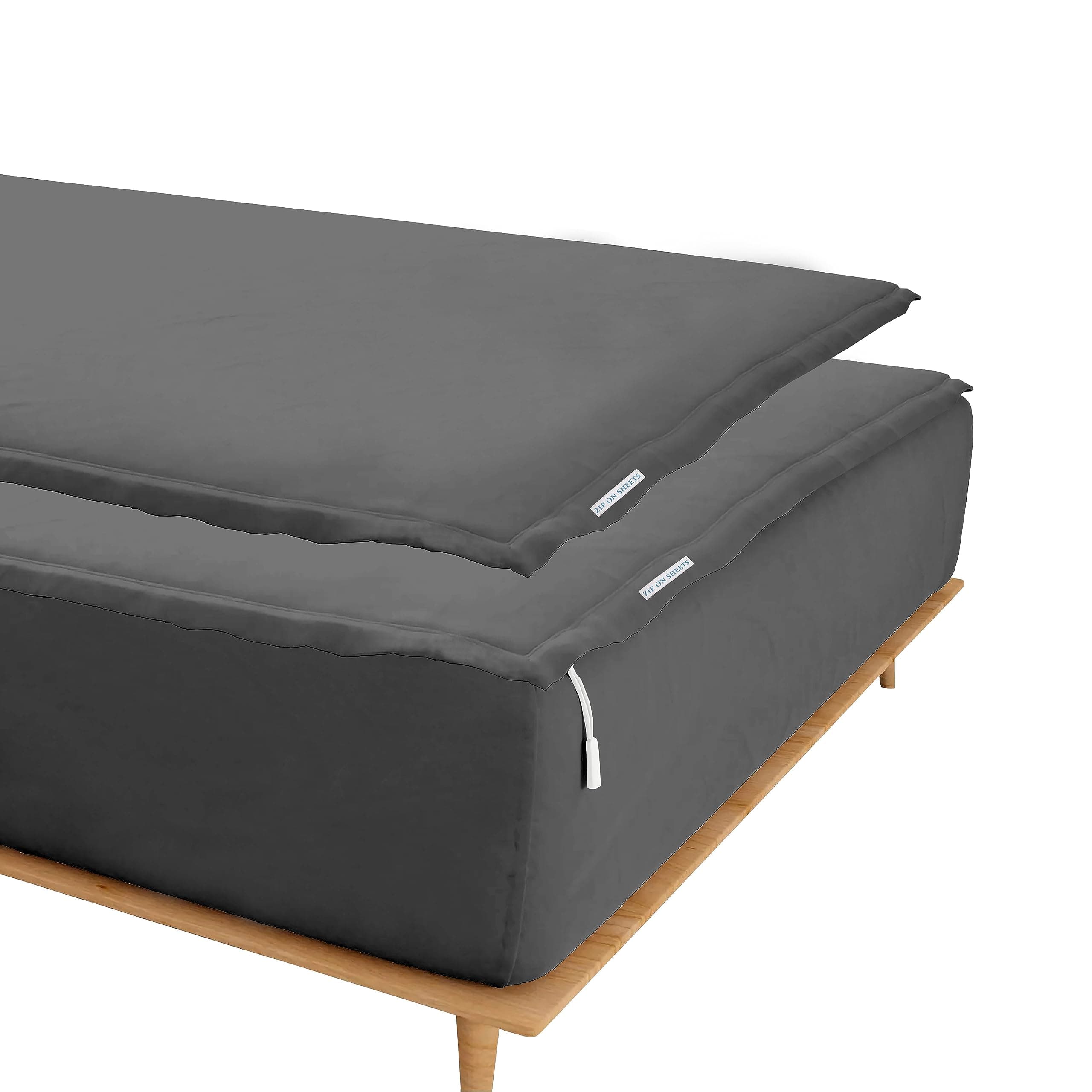 Zip On Sheets™ Zipper Fitted Sheet Twin Size - Upto 16” Inch Deep Pockets - Includes 1 Fitted Sheet Base & 2 Zip-On Sheets - Easy to Use, Sateen Cotton 500 TC Fitted Sheet - Dark Grey