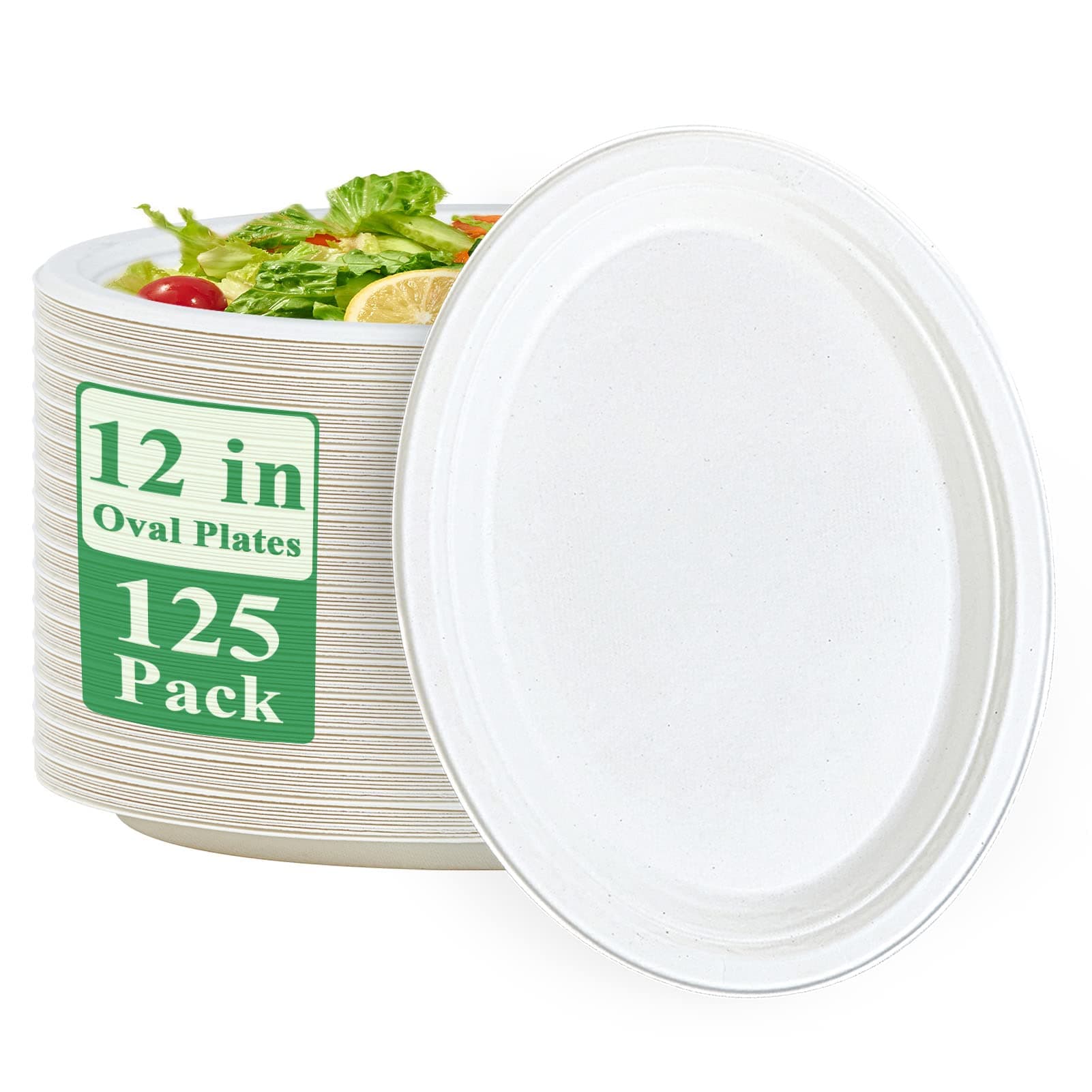 Vplus 100% Compostable Oval Paper Plates 12 inch 125 Pack Super Strong Disposable Paper Plates Bagasse Natural Biodegradable Eco-Friendly Sugarcane for BBQ, Party, Dinner, and Picnic