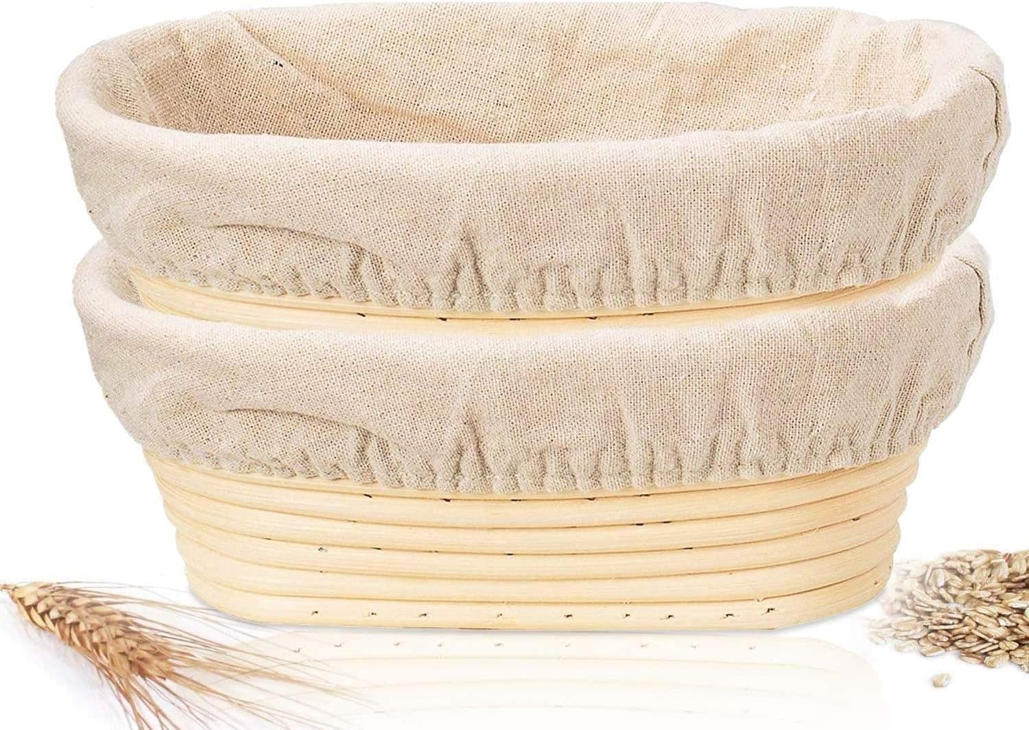 2 Pcs Banneton Bread Proofing Baskets, 25cm Oval Sourdough Proofing Basket with Linen Cloth Liner for Artisan Bread Making for Professional and Home Bakers