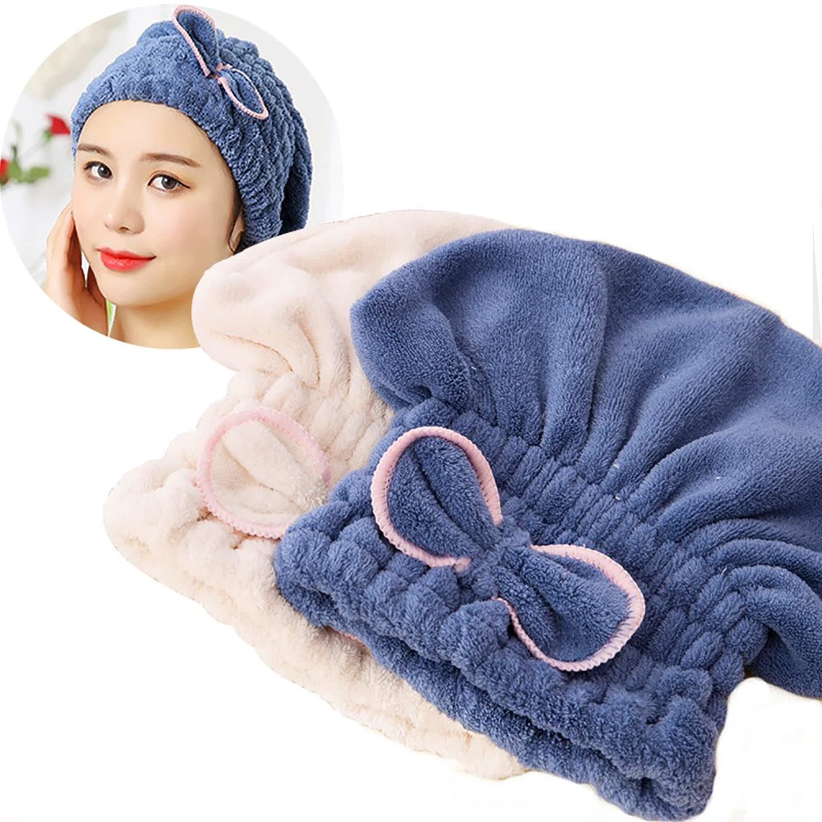 SweetCat 2PC Microfiber Hair Drying Caps, Extrame Soft & Ultra Absorbent, Fast Drying Hair Turban Wrap Towels Shower Cap for Girls and Women (Blue+Beige)