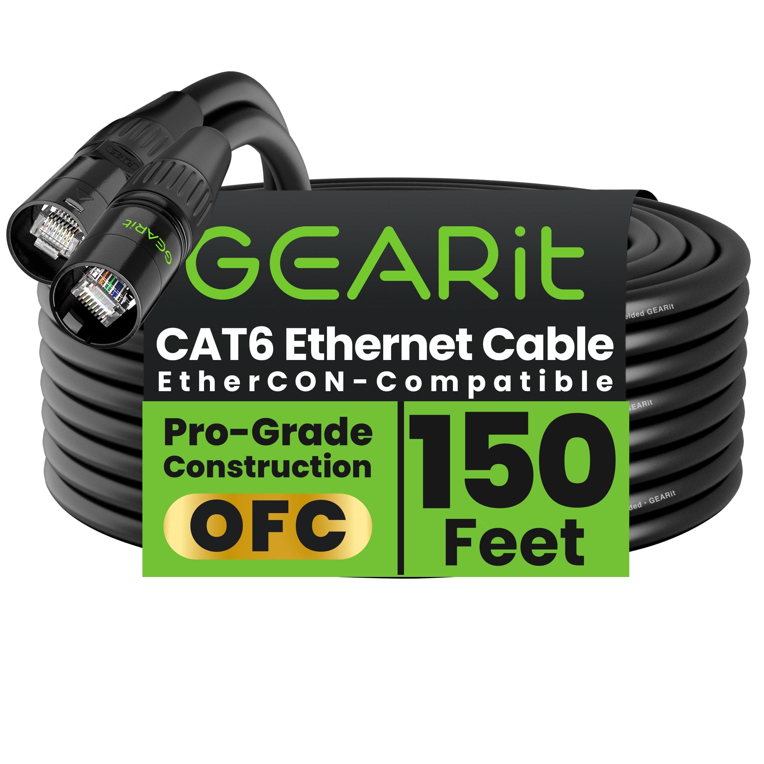 Shielded CAT6 Ethercon Cable (150 Feet) Professional Audio & Lighting RJ45 EtherCON-Compatible Cable for Studio, Stage, Concerts - 150ft Black