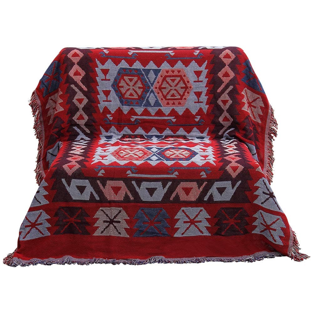 Beautiful-tech 50" X 70" Double Sided Cotton Woven Couch Throw Blanket Featuring Decorative Tassels - Geometric Pattern, Red/Beige