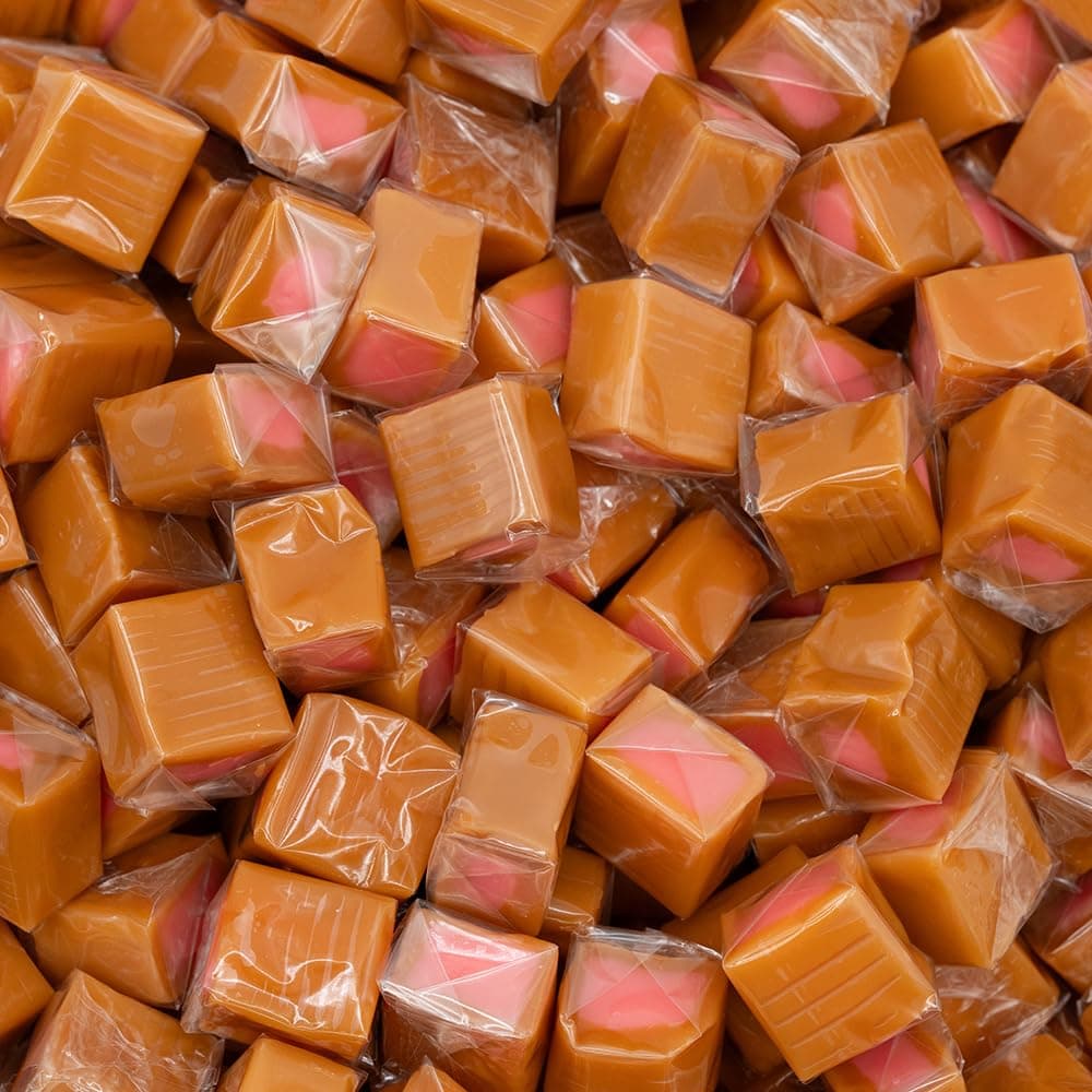 Caramel Cubes - 2 Pound Bulk Pack (About 150 Count) - Strawberry Filling Candy - Individually Wrapped