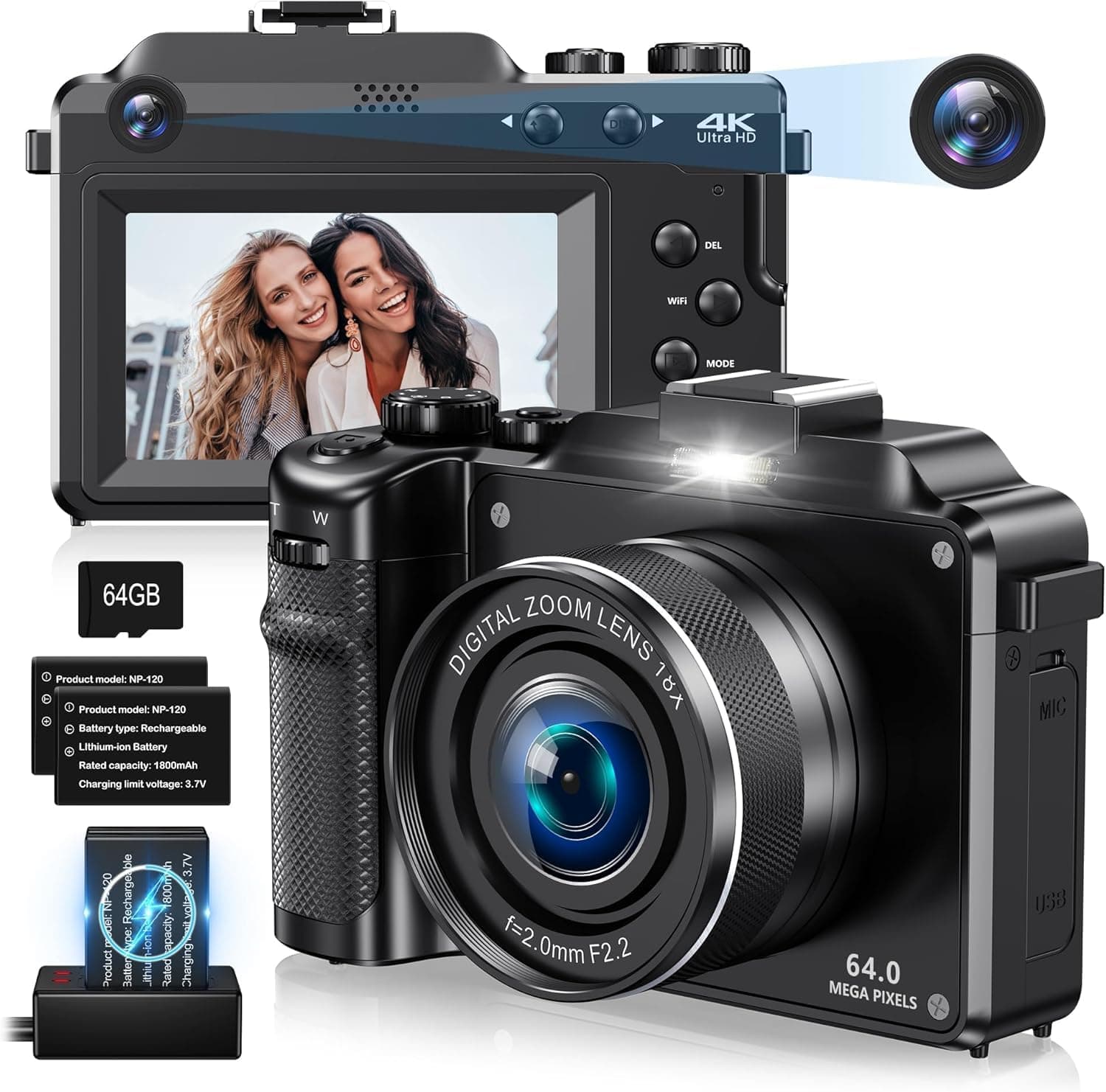 4K Digital Camera for Photography,64MP Vlogging Camera for Youtube,Multi-Filters Travel Video Camera with Auto Focus,18X Zoom,64G TF Cards,2 Batteries for Beginners-Black