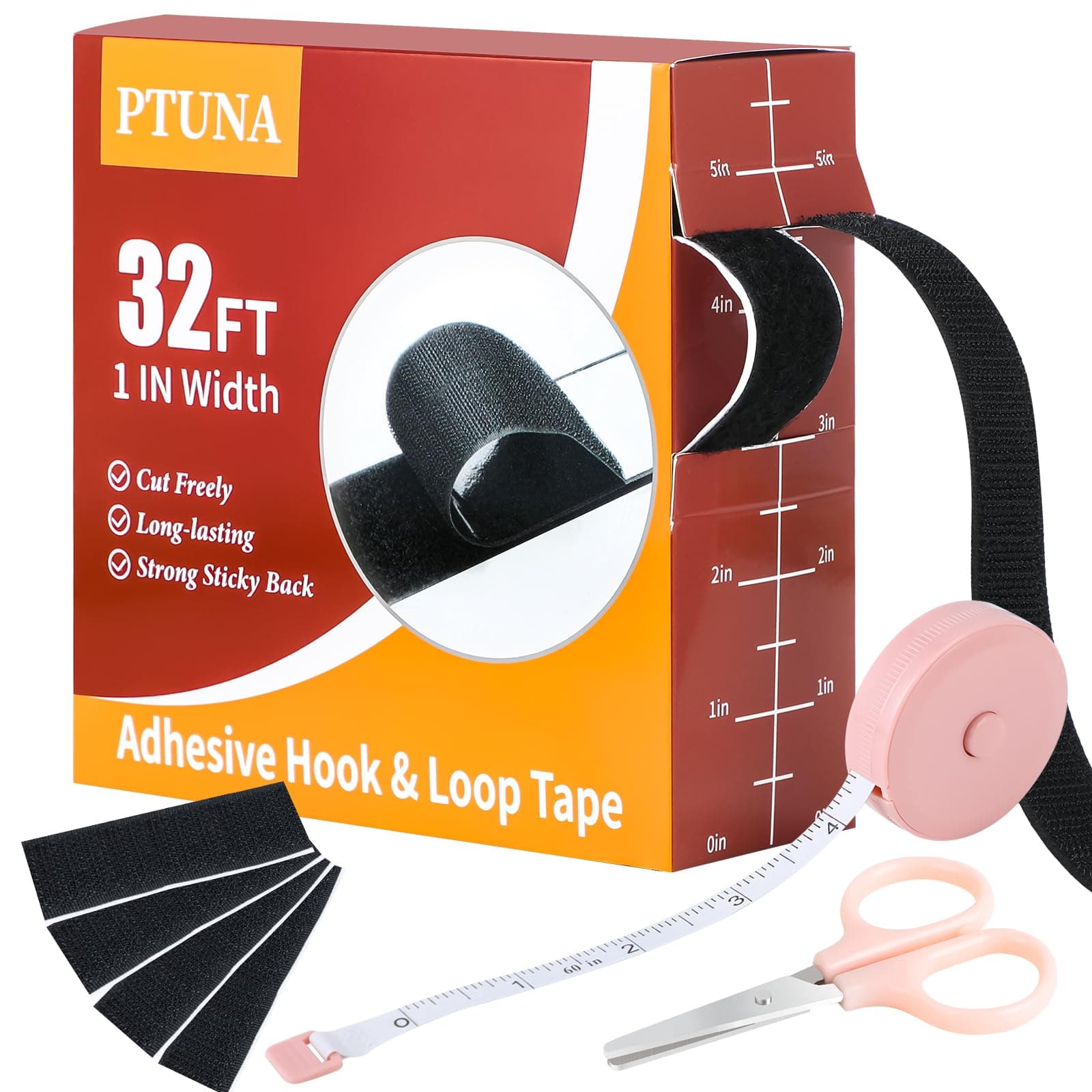 32Ft *1 Inch Hook and Loop Tape with Adhesive Back, Heavy Duty Double Sided Adhesive Strips, Strong Sticky Strips Roll for Home/Office/School/Car, Black