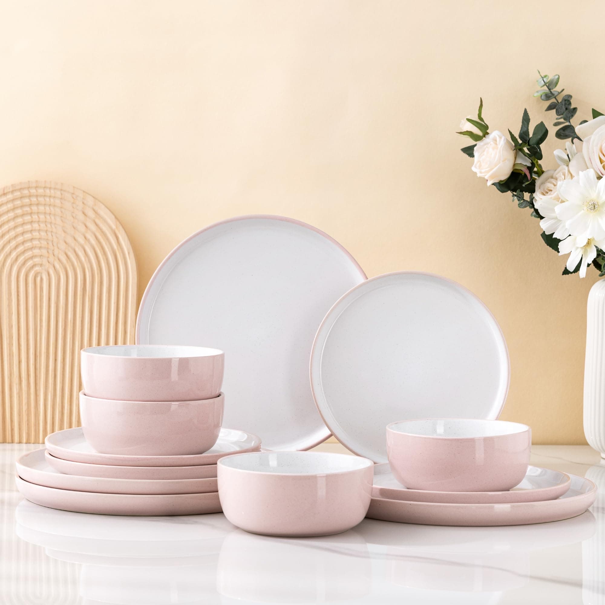 AmorArc Dinnerware Set for 4, 12 Pieces Ceramic Plates and Bowls Set, Handcrafted Speckled Stoneware Plates Set, Dishwasher & Microwave Safe Dishes Set (Cloud Pink, Service for 4)