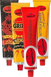 4 x 200 g German Mustard Variety - Hot Dijon - Grill - Bavarian Sweet home-made Mustard - German Medium Hot Mustard, Haendlmaier/Germany