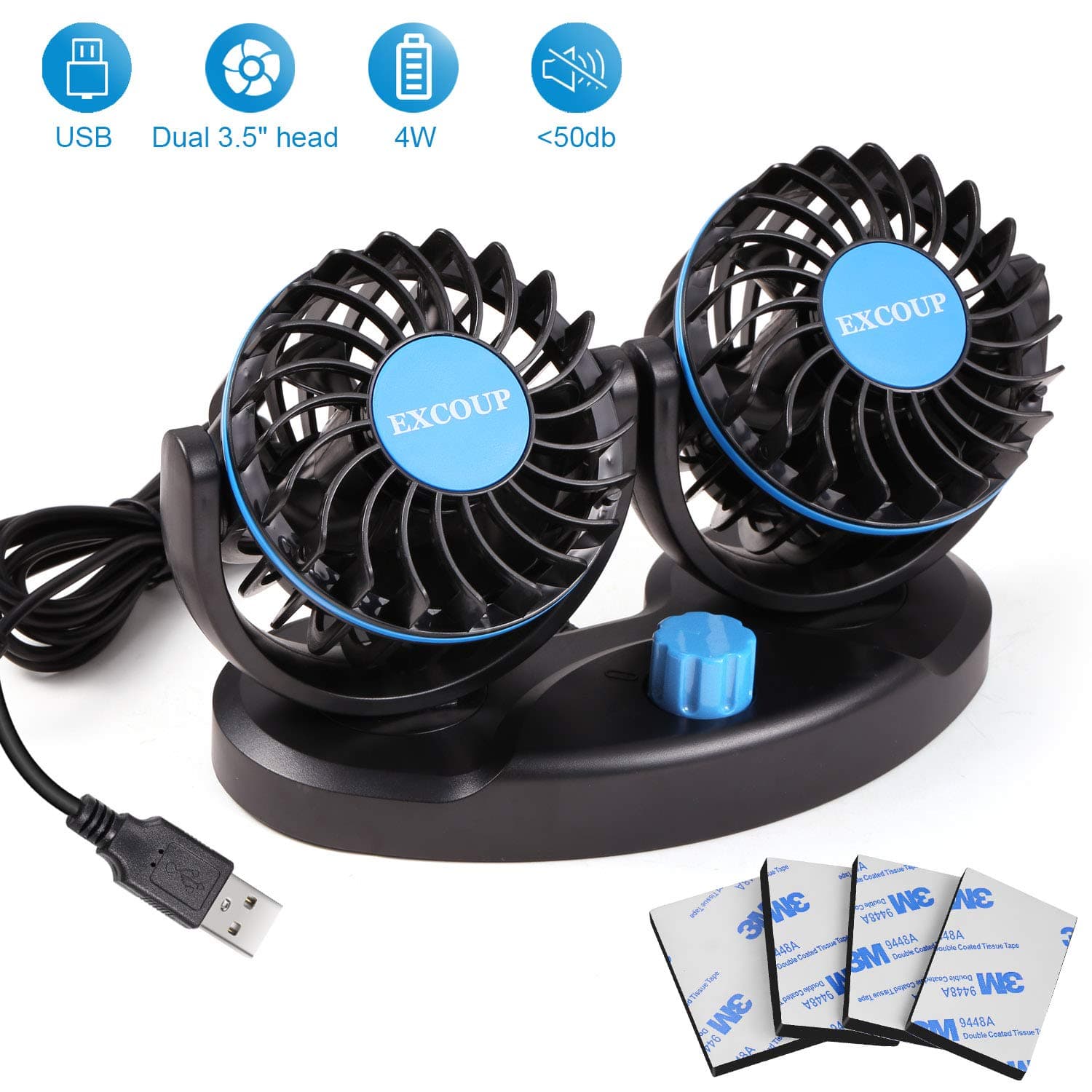 Car Fan With 2 Speeds, Adjustable USB Mini Fan, Table Fan DC 5V Dual Head Rotatable