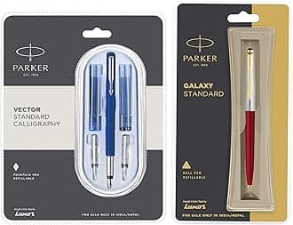 Parker Calligraphy CT Fountain Pen (Blue) Galaxy Gold Trim Ball Pen - Red Body