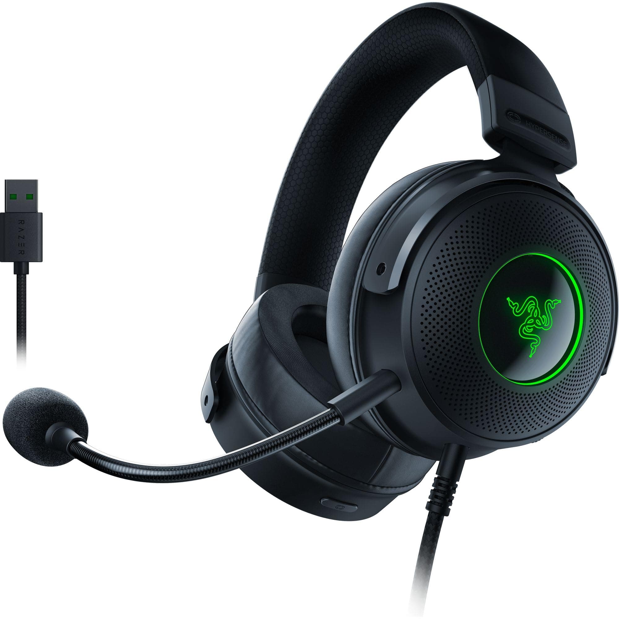 Kraken V3 HyperSense Wired USB Gaming Headset w/Haptic Technology: Triforce Titanium 50mm Drivers THX Spatial Audio Hybrid Fabric & Leatherette Memory Foam Cushions Detachable Mic, Black