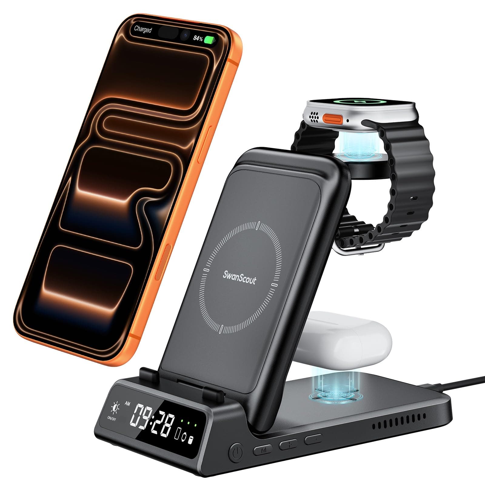 Wireless Charger for iPhone, 3-in-1 Charging Station for iPhone 17/Air/16/15/14/13/12 Series, Charger Stand for Apple Watch Ultra 3/11/10/9/8/7/6/5, SwanScout 703A, No Adapter (Black)