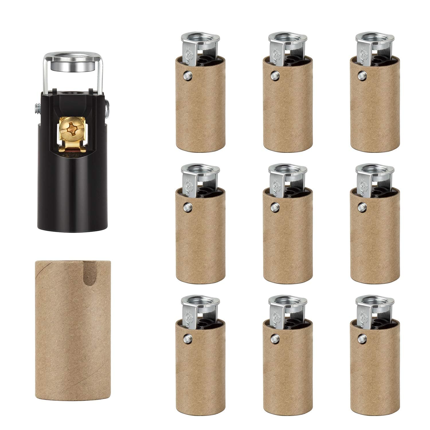 DiCUNO E12 LED Light Bulb Socket, Candelabra Base Socket Replacement, Chandelier Candle Lamp Holder Parts with Cardboard Insulator, Keyless Phenolic, UL Listed, 10-Pack