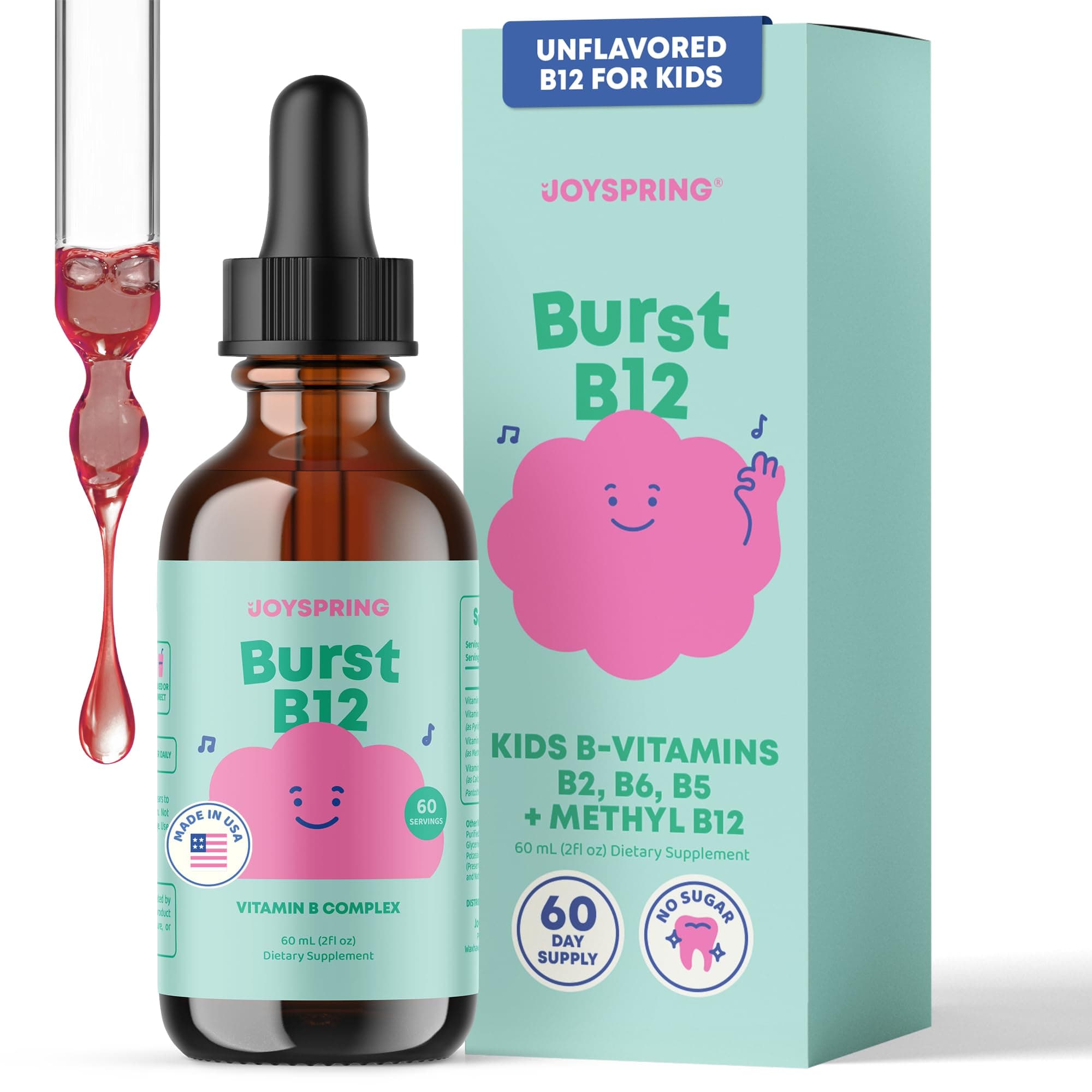 Burst B12 Drops - Vitamin B Complex for Kids with Methyl B12 Supplement to Support Healthy Growth & Development, Vegan Liquid B12 Drops, Ages 3-16+ | 2 fl oz (60 Servings)