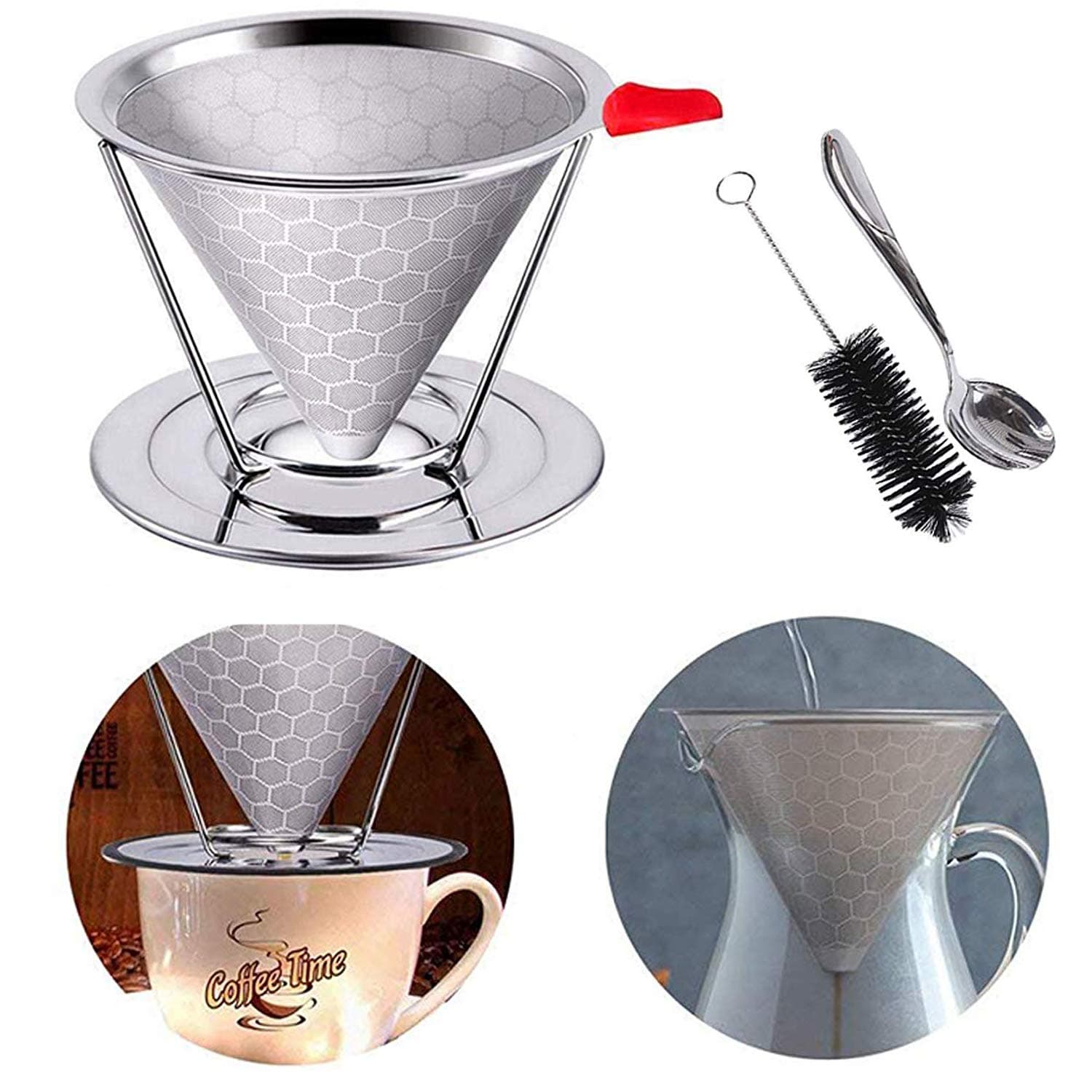 Coffee Filter, Reusable Coffee Filter, Pour Over Coffee Dripper, Pour Over Maker Coffee Filter Holder Drip Coffee, Cone Coffee Filters With Non-slip Cup Stand And Brush, Paperless, Honeycomb Design