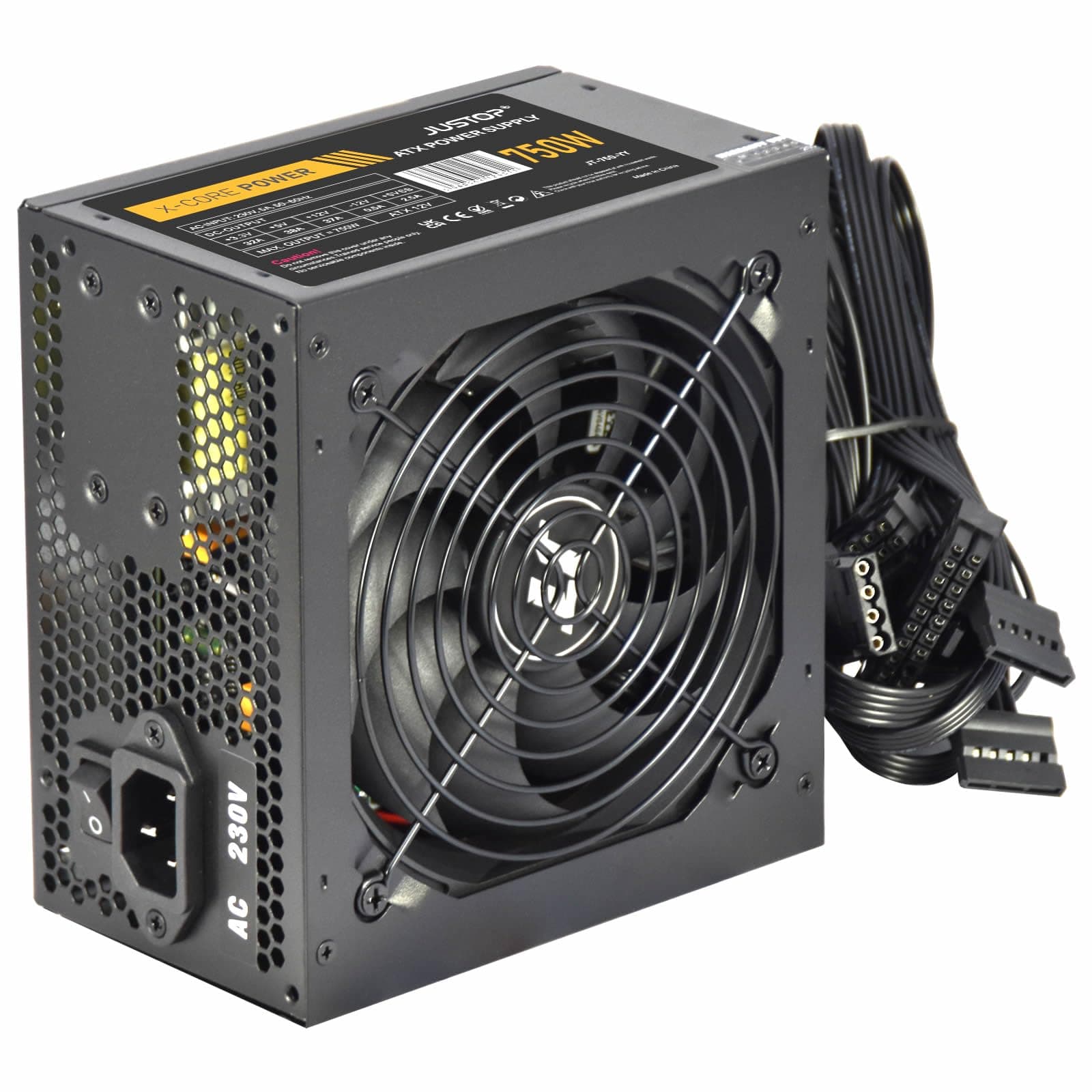 JUSTOP Black 750W PSU, Switching Power Supply, Computer Desktop PC ATX, 120mm Fan, 8-Pin 12V, 6+2 Pin PCI-E, 6x SATA