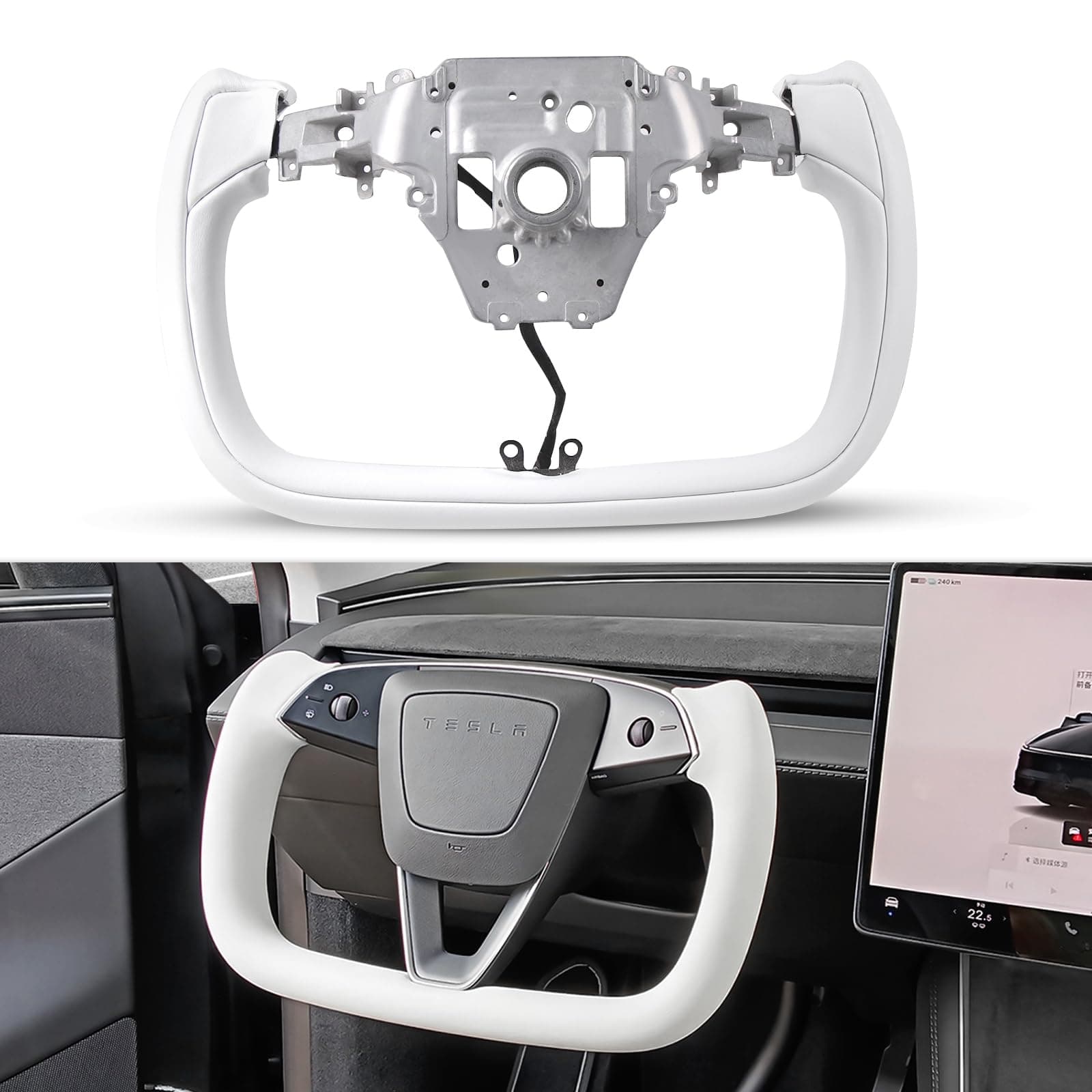 Yoke Steering Wheel Personalized for Tesla Model Y Juniper 2025, Nappa Leather for Tesla Model Y Accessories With Heating Function No Front Trim (White Perforated, Glossy Carbon Fiber)