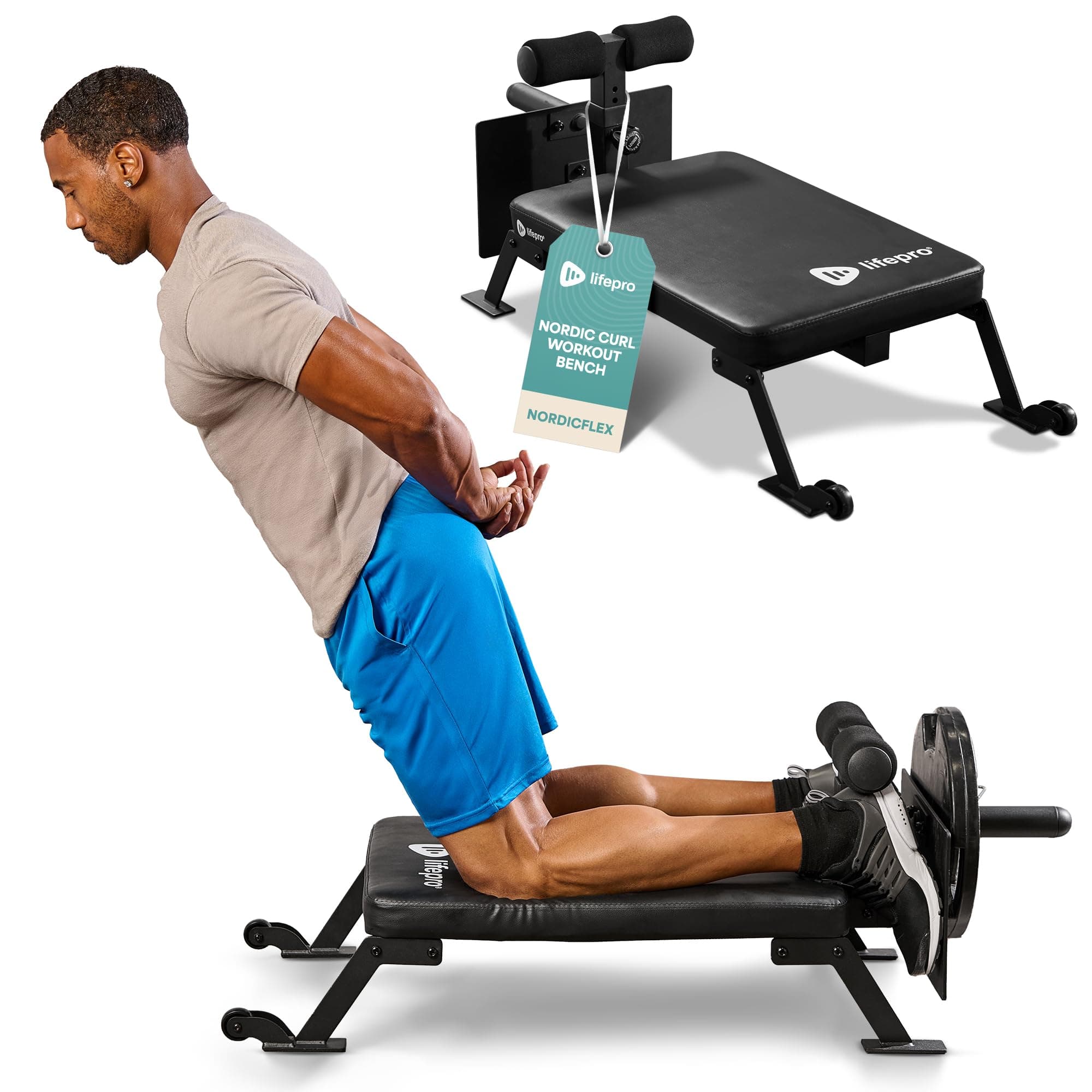 Lifepro Nordic Curl Workout Bench - Home Gym Hamstring Curl Machine & Glute Bench with Transport Wheel - Fits 1" & 2" Olympic Weight Plates - Durable Padded Construction