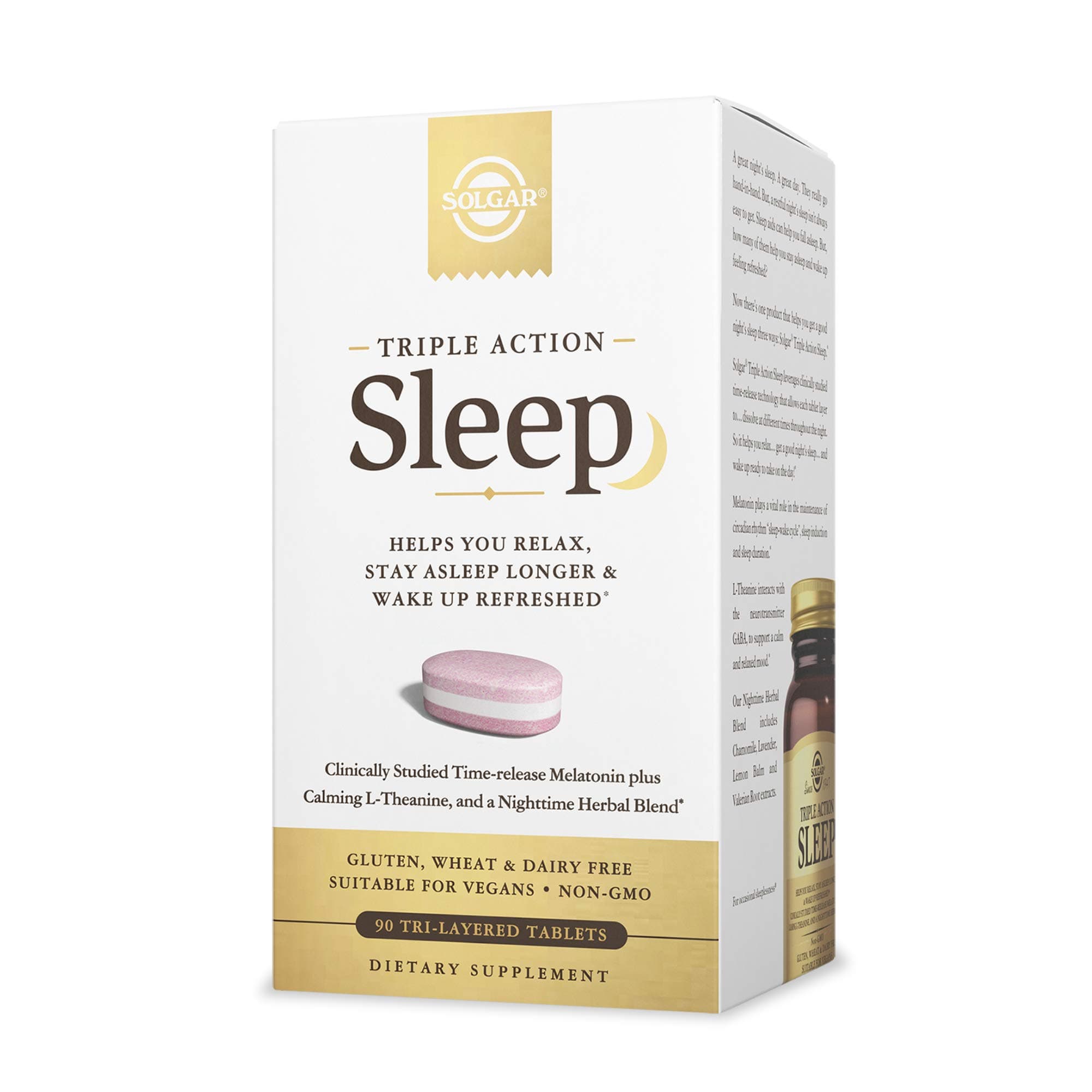 Triple Action Sleep, 90 Tri-Layer Tablets - Time-Release Melatonin & L-Theanine Plus Herbal Blend - Helps You Relax - Non-GMO, Gluten Free - 90 Servings