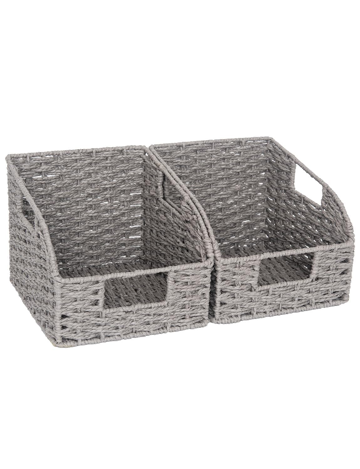StorageWorks Pantry Storage Baskets for Organizing, Kitchen Counter Basket with Built-in Handles, Handwoven Kitchen Storage Baskets, Round Paper Rope Wicker Baskets for Pantry Storage, Gray, 2 Pack