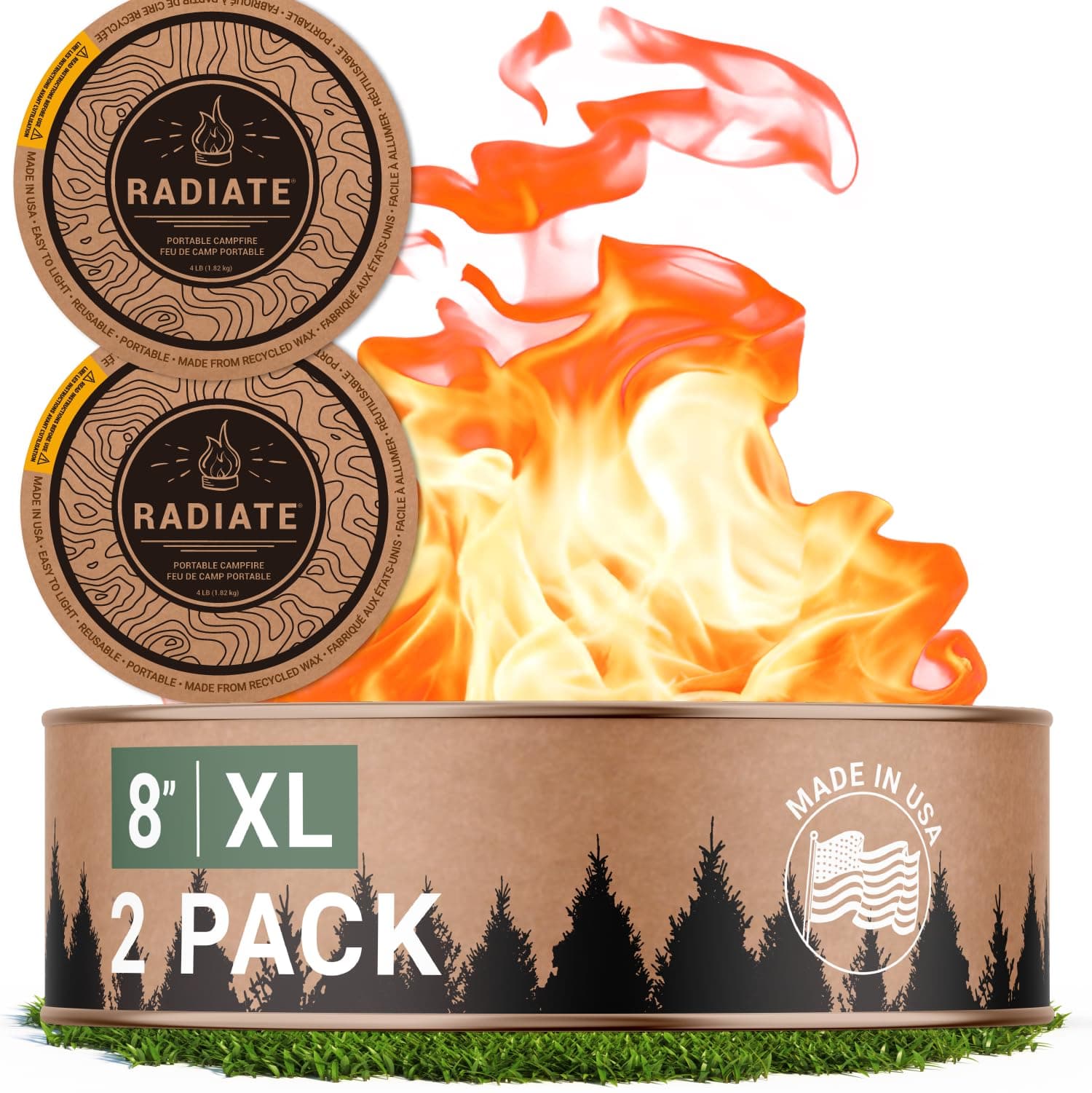 Radiate 2 Pack XL 8" Portable Campfire As Seen On Shark Tank - Up to 2 Hours of Burn Time, Reusable Travel Fire Pit for Camping, Patios & Beach Days - Great Alternative to a Real Fire - Made in USA