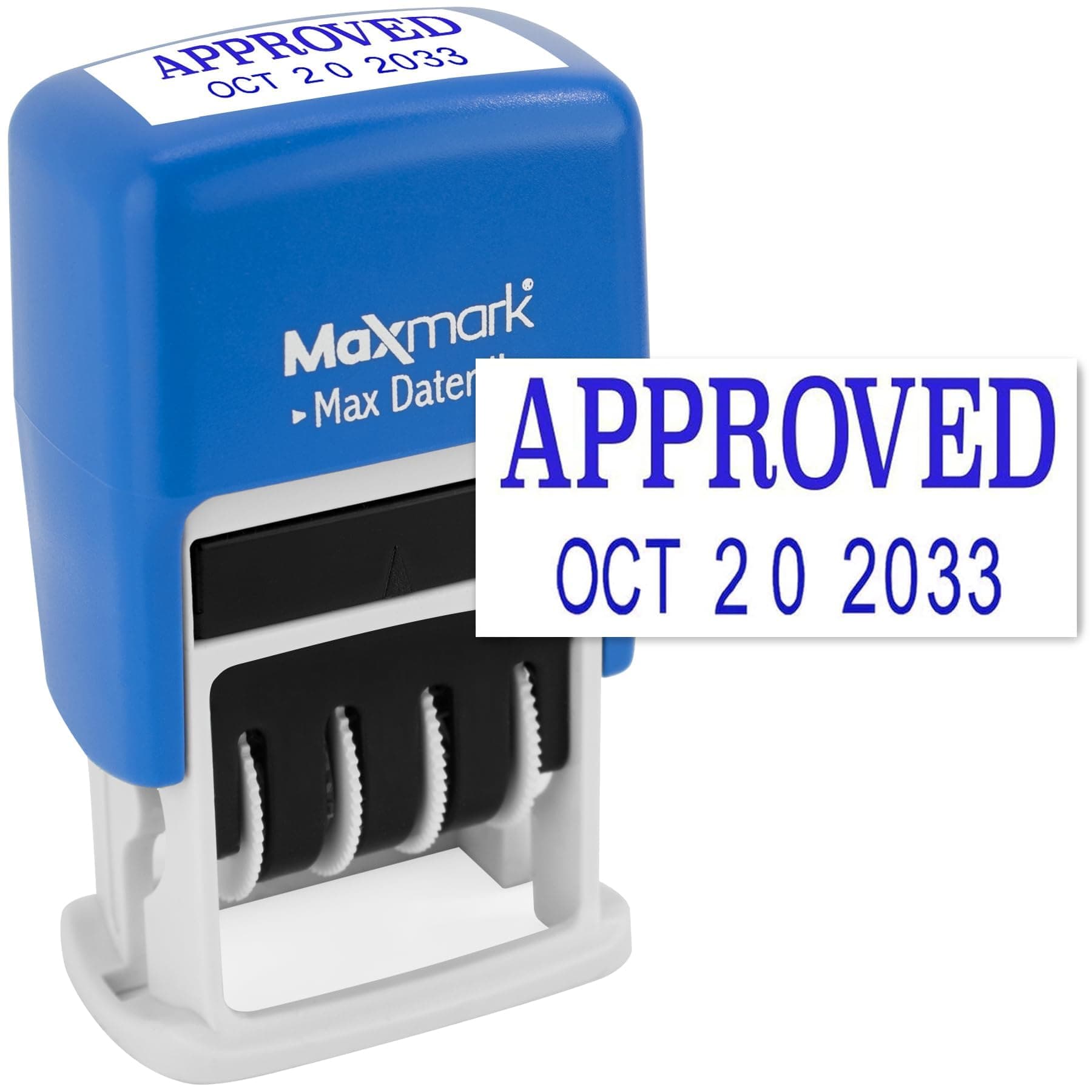 MaxMark Self-Inking Rubber Date Office Stamp with Approved Phrase & Date - Blue Ink (Max Dater II), 12-Year Band