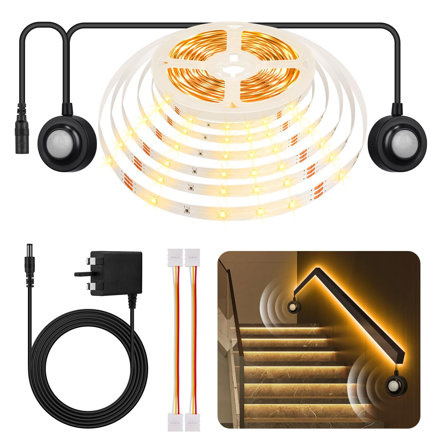 HOUHUI Dual Motion Sensor Light Indoor Under Bed Lights, 5m Motion Activated LED Strip Lights for Bedside, 12V Warm White Under Cabinet Lights Two Motion Sensors LED Strip for Stair Closet Hallway