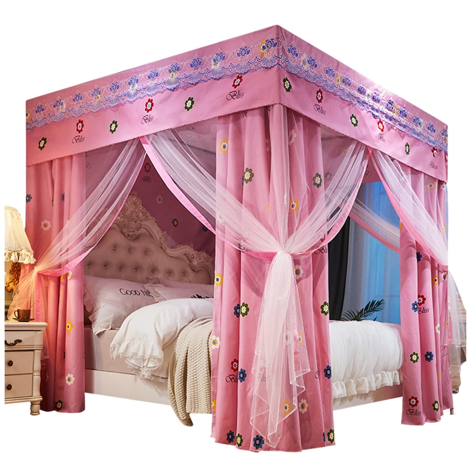 Bed Curtain Four Poster Bed Canopy Mosquito Net Double Layer Princess Blackout Curtains Canopy with Frame 18 - Hole Mesh Design Exquisite Bedroom Decoration (pink,200 * 220 * 200)