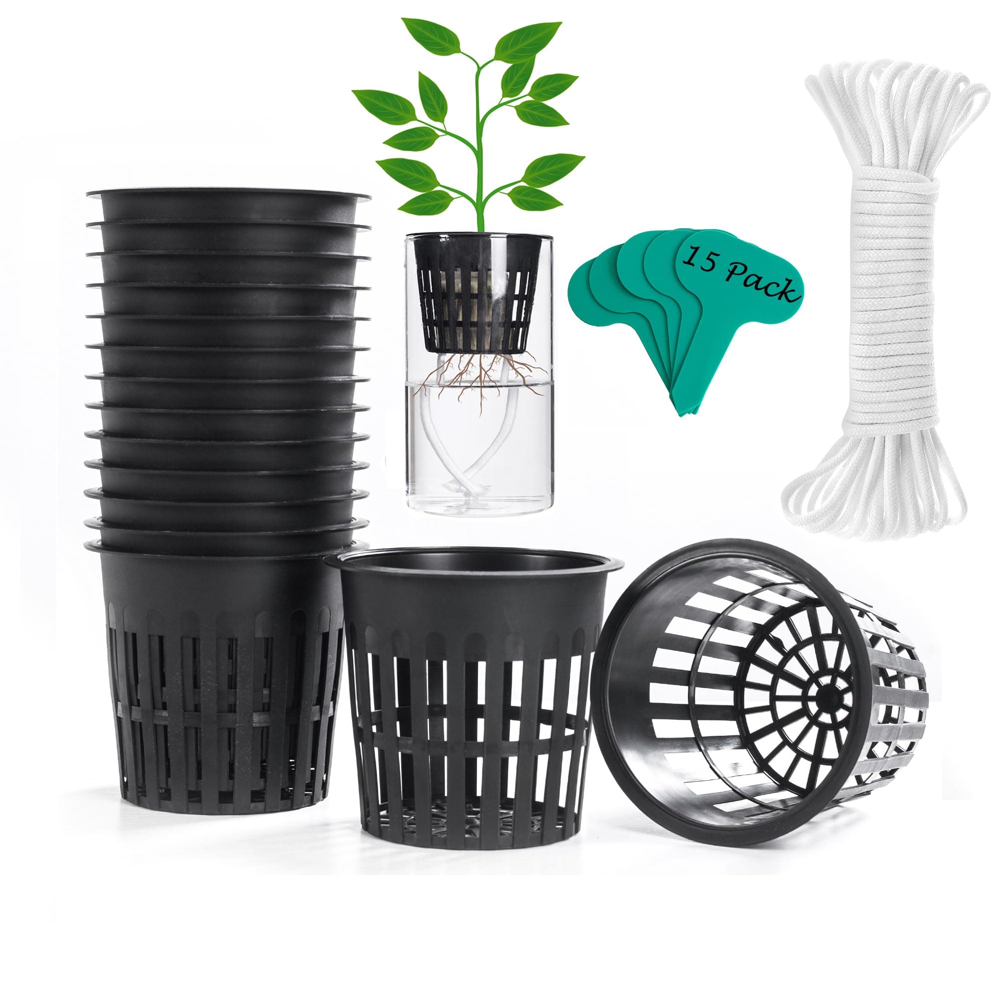 4 inch 15 Pack Net Cups Pots, with 15 feet Self Watering Rope, 15 Plant Labels, for Hydroponics Aquaponics Kratky Orchid Vegetable Indoor Outdoor Growing Baskets Nursery Slotted Mesh BPA Free