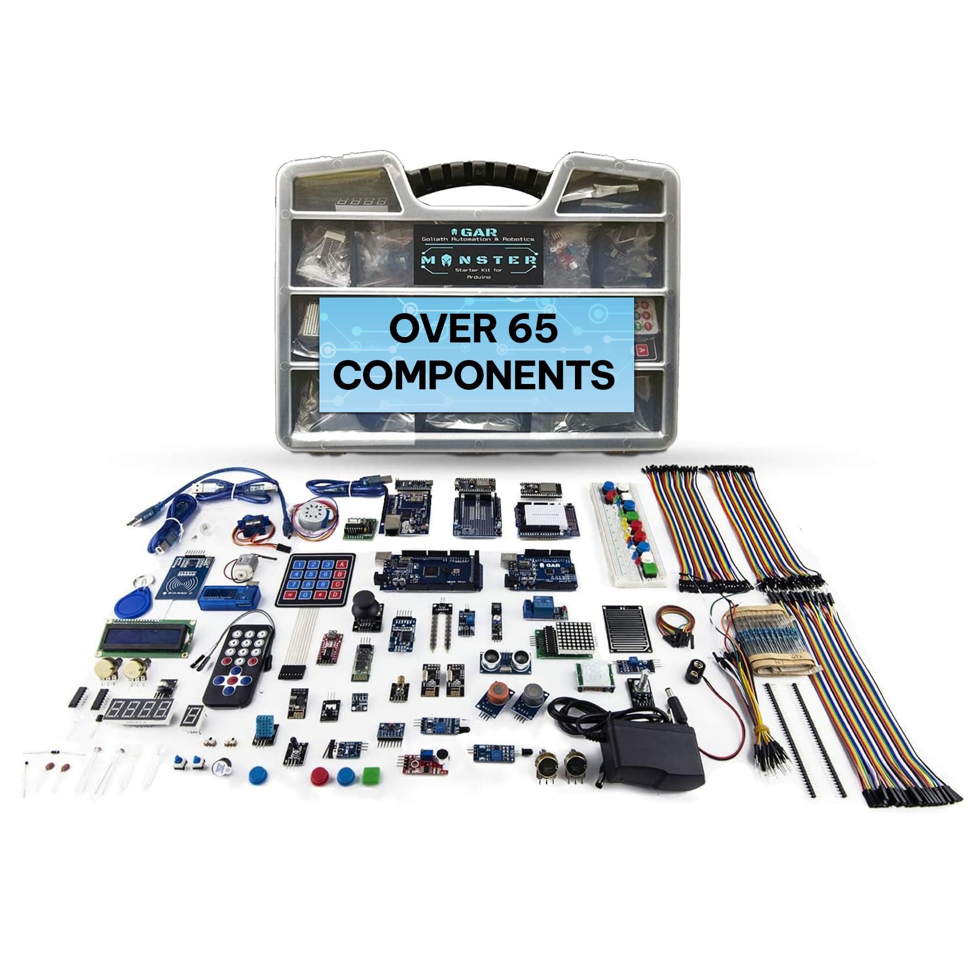 GAR Monster Starter Kit for Arduino - Robotics & IoT Development | Comprehensive 5-Board Set: Uno R3, Mega 2560, Nano V3, ESP32 WiFi+BT, ESP8266 NodeMCU | 25 Sensors, Tutorials & Organizer Toolbox