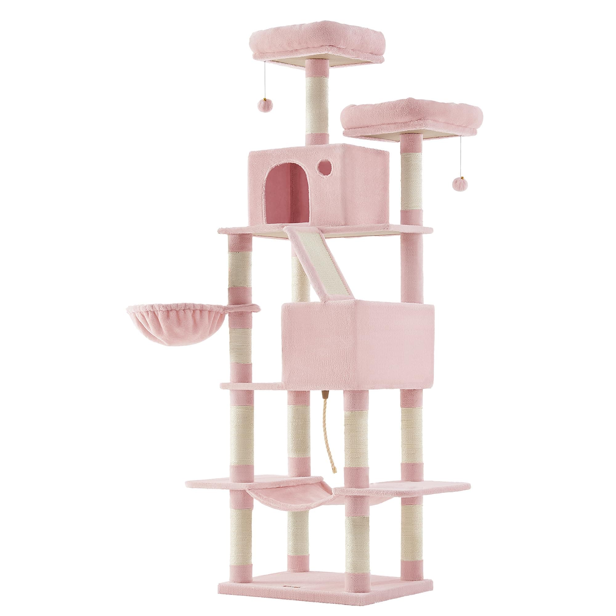 Feandrea Cat Tree, 206 cm Large Cat Tower Condo with 13 Scratching Posts, 1 Scratching Ramp, 2 Perches, 2 Caves, Basket, Hammock, Pompoms, Jelly Pink PCT190P01V1