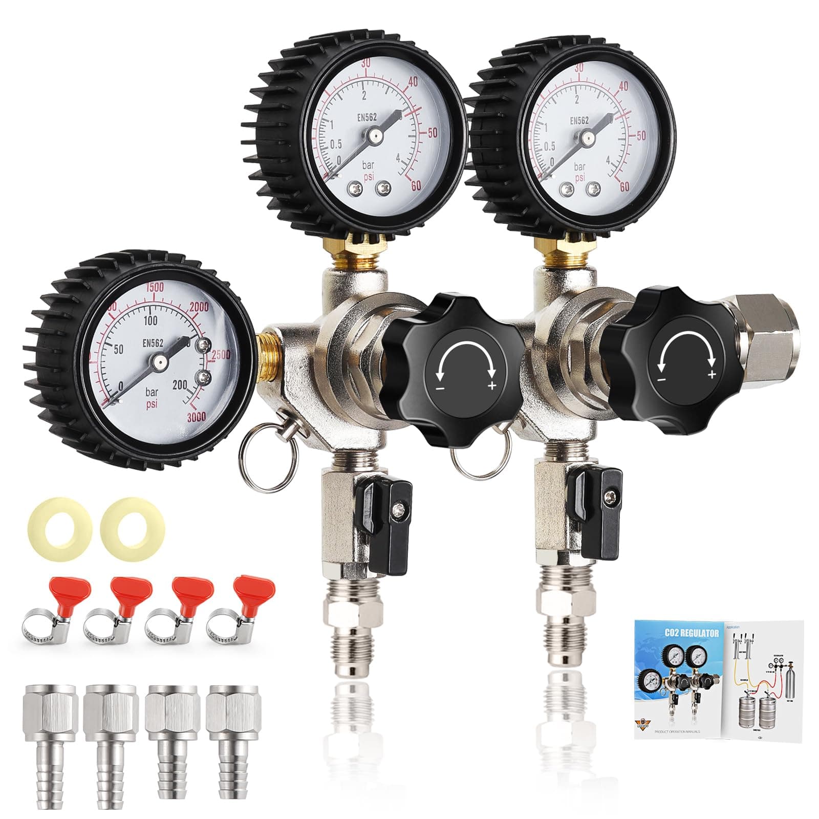 MRbrew Keg CO2 Regulator Dual Output, CGA-320 Keg Regulator Draft Beer Regulator, Quick Disconnect Threaded End Fitting with 2 Swivel Nut Barb-1/4’’ Barb & 5/16’’ Barb, Co2 Tank Pressure Regulator