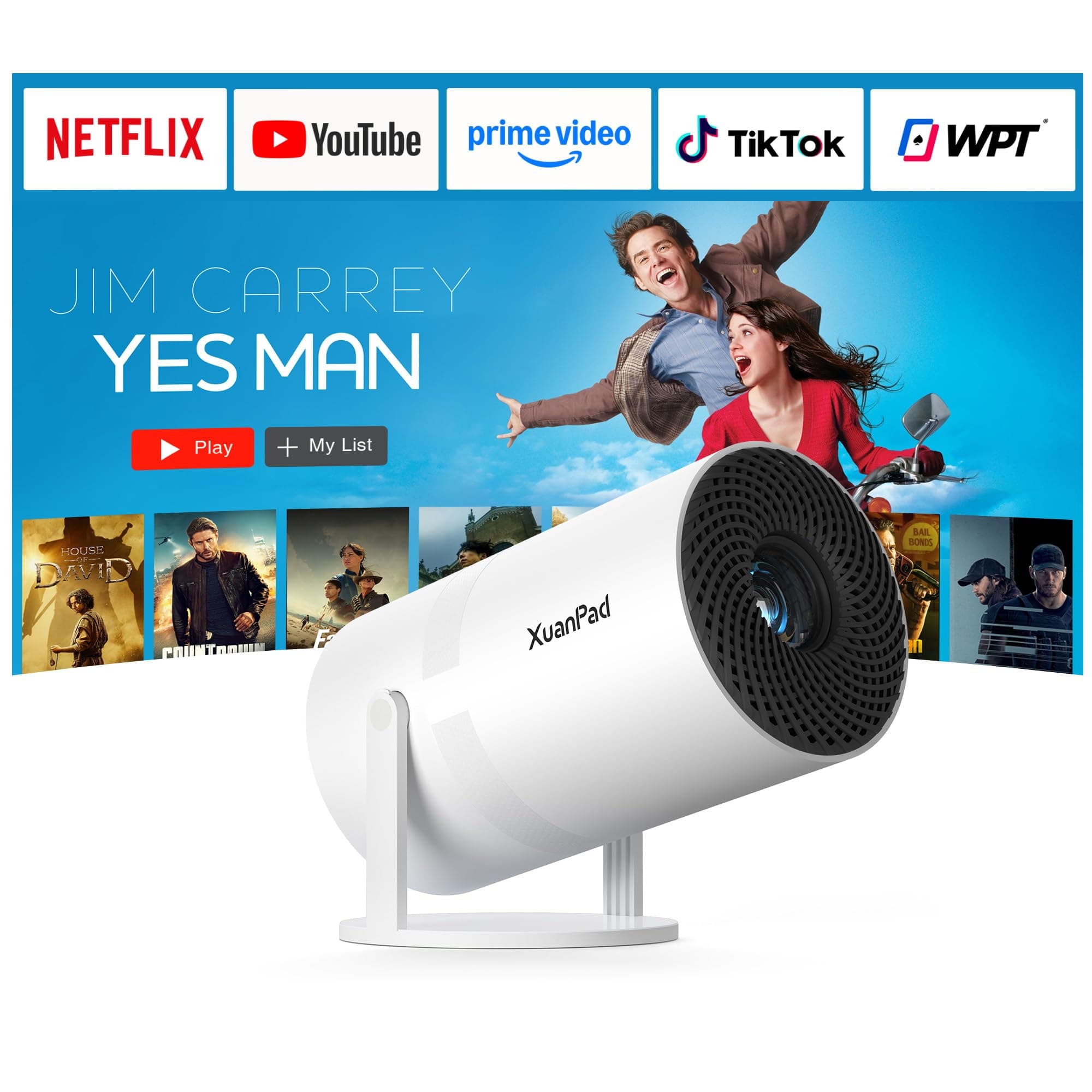 【Bone white Projector & Built-in Apps】XuanPad Mini Projector with Wi-Fi and Bluetooth, Full HD 1080P Smart Portable Projector with 210° Stand, Auto Vertical Keystone, Compatible with HDMI/USB/TV Stick