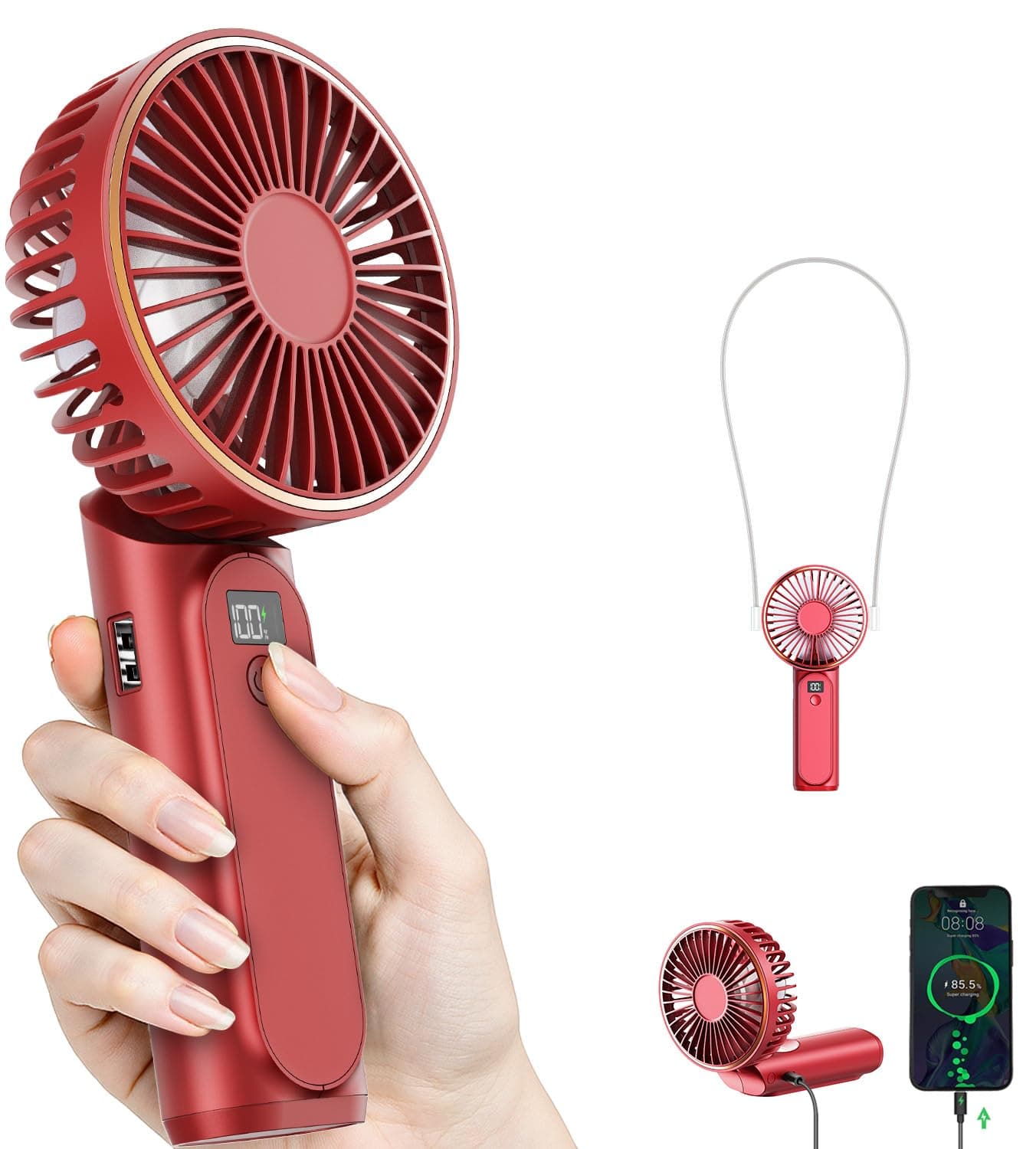 Portable Handheld Fan, 4000mAh, 180 Adjustable, 6 Speed Wind, Display Electricity in Real Time, USB Rechargeable Foldable Personal Fan
