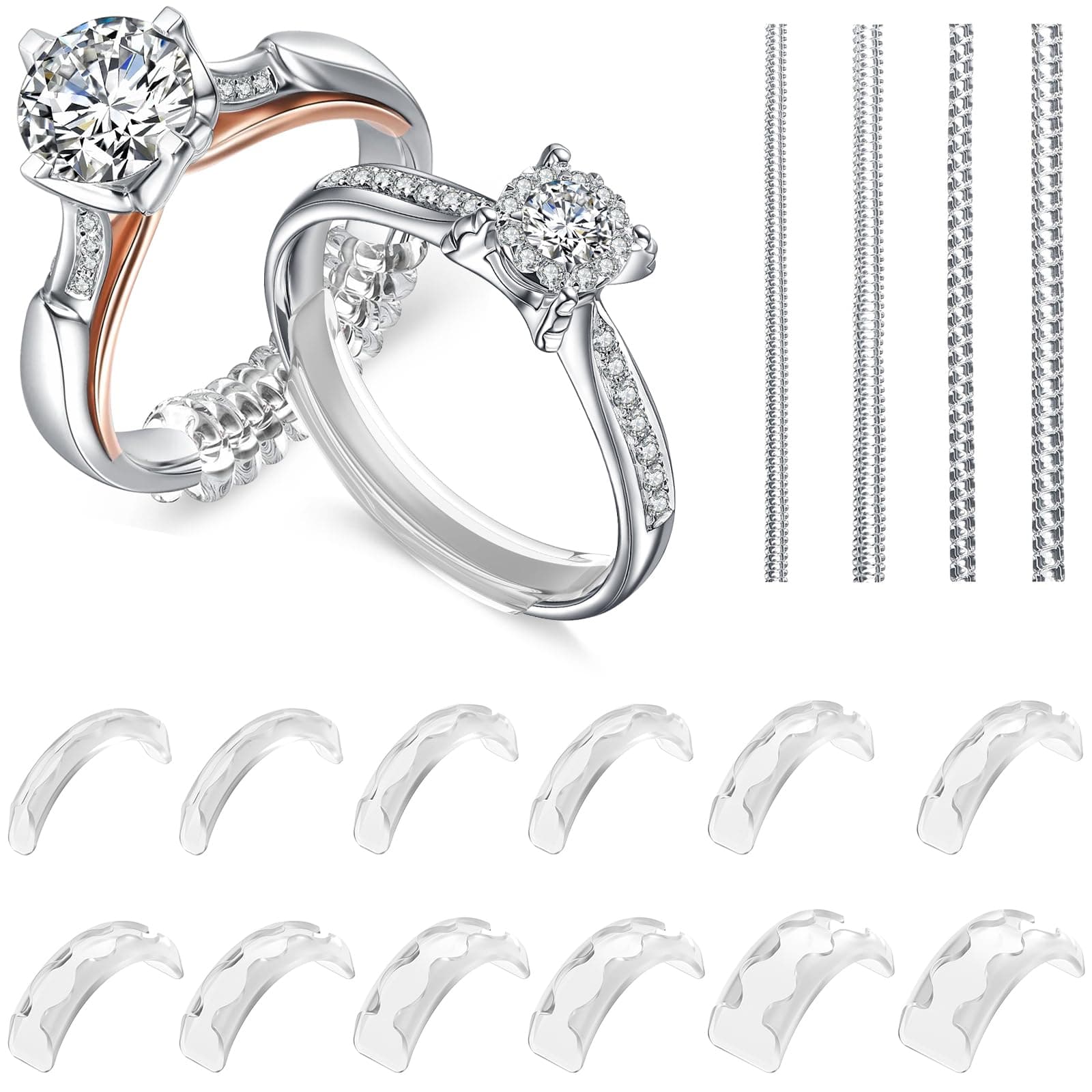 Eiito Ring Sizers for Loose Rings, 16 Pack Ring Guards for Loose Rings, Reduce by 0.5-1 Size without Resizing, Fits Bands 1-8mm, Invisible Design for Women and Men, 2 Styles Insert and Spiral