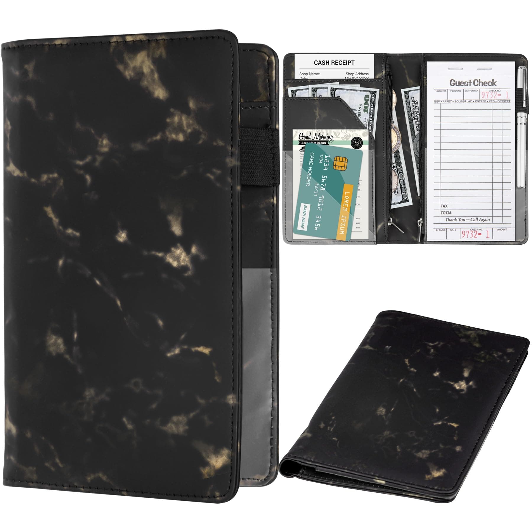 AKONEGEServer Book for Waitress, Marble Texture Leather Waiter Book Server Wallet with Zipper Pocket, Cute Waitress Book&Waitstaff Organizer with Money Pocket Fit Server Apron, Marble Black